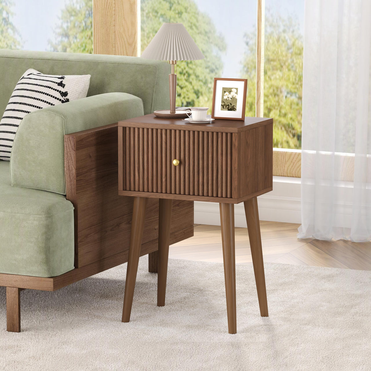 Akxomel Small Nightstand Set 2 Fluted Wooden Nightstands Wood Legs Walnut