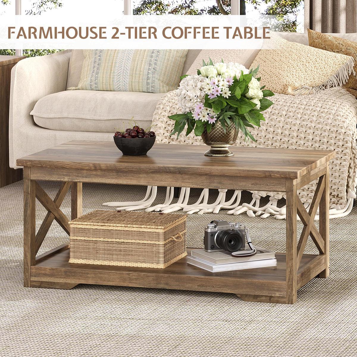 LUXOAK 3 Piece Living Room Table Set with Barn Door, Barnwood