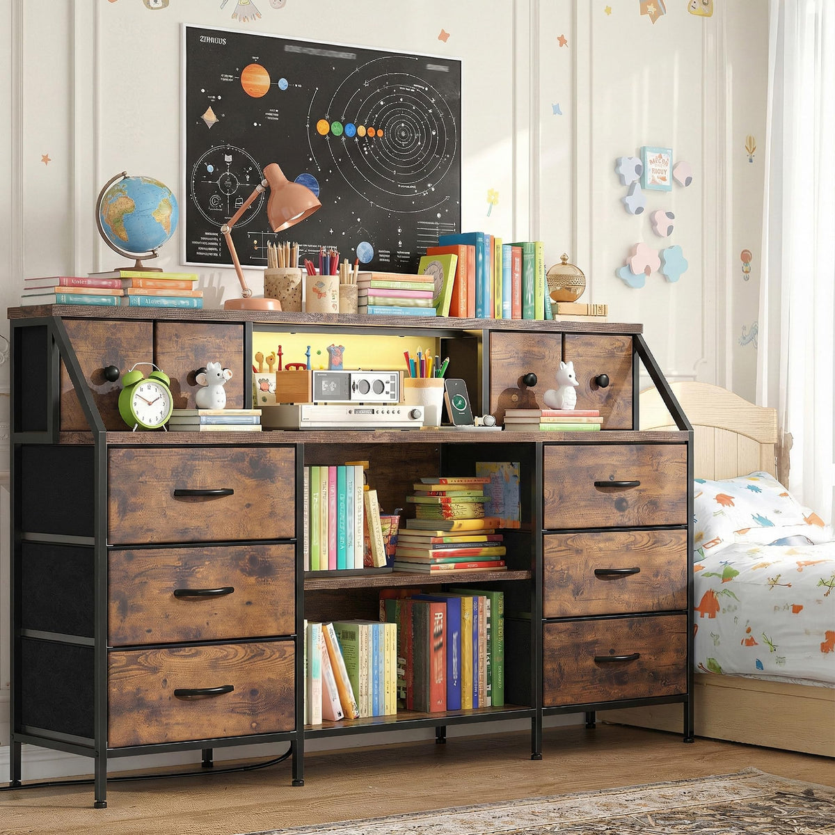 Romorgniz 55" W Dresser with Charging Station & LED, Detachable Mesh Door