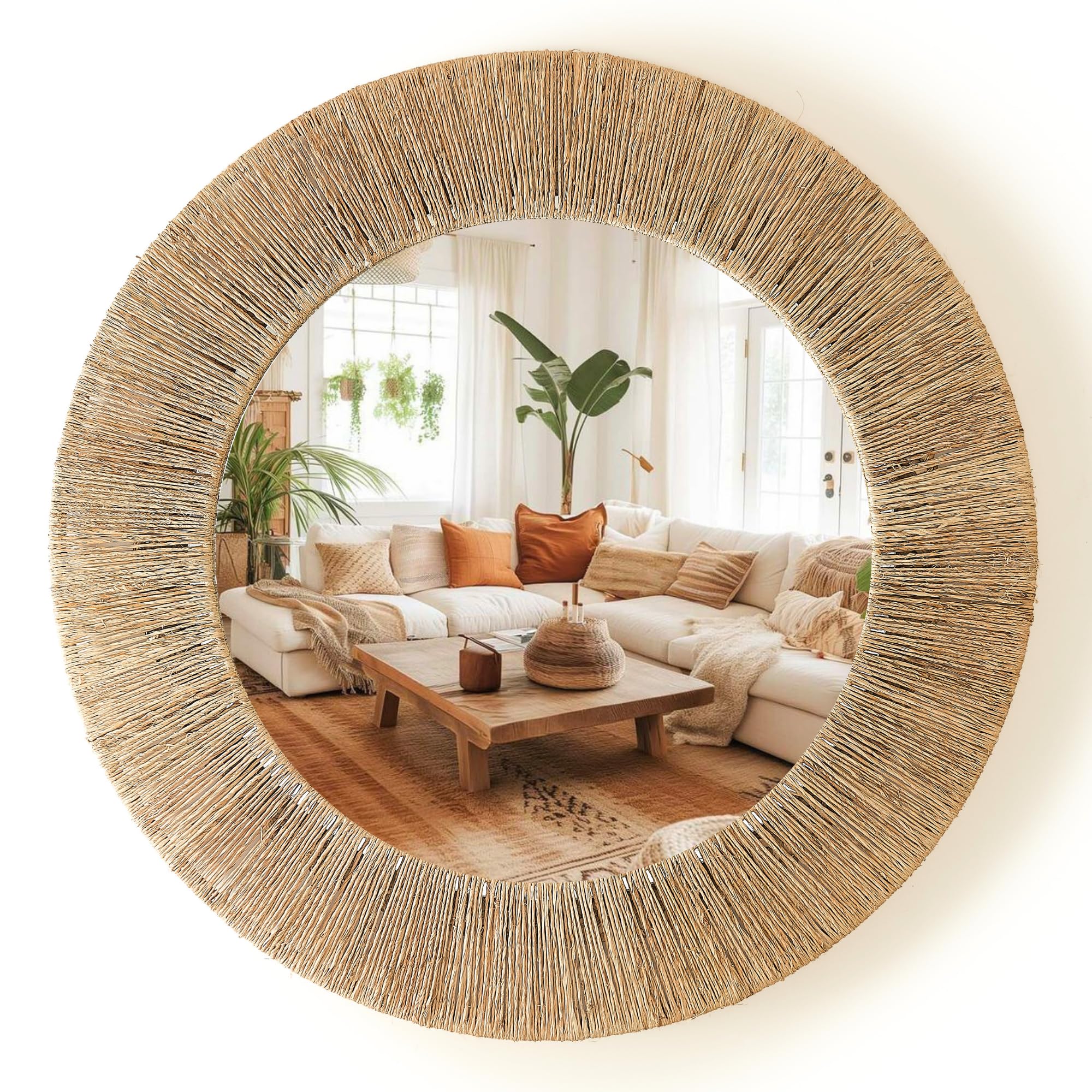24-Inch Round Jute Wall Mirror with Metal Frame
