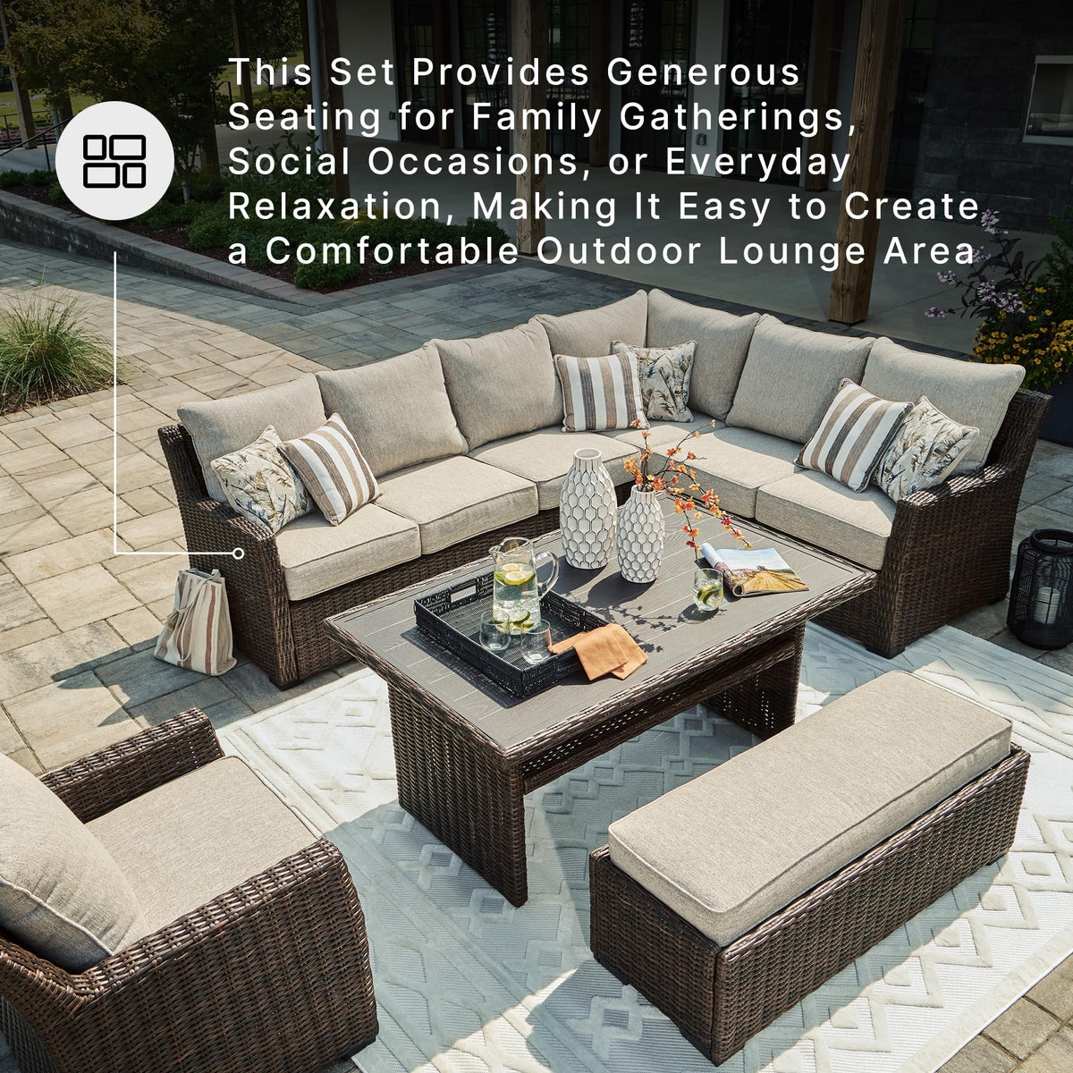 3-Piece Wicker Patio Sectional with Bench