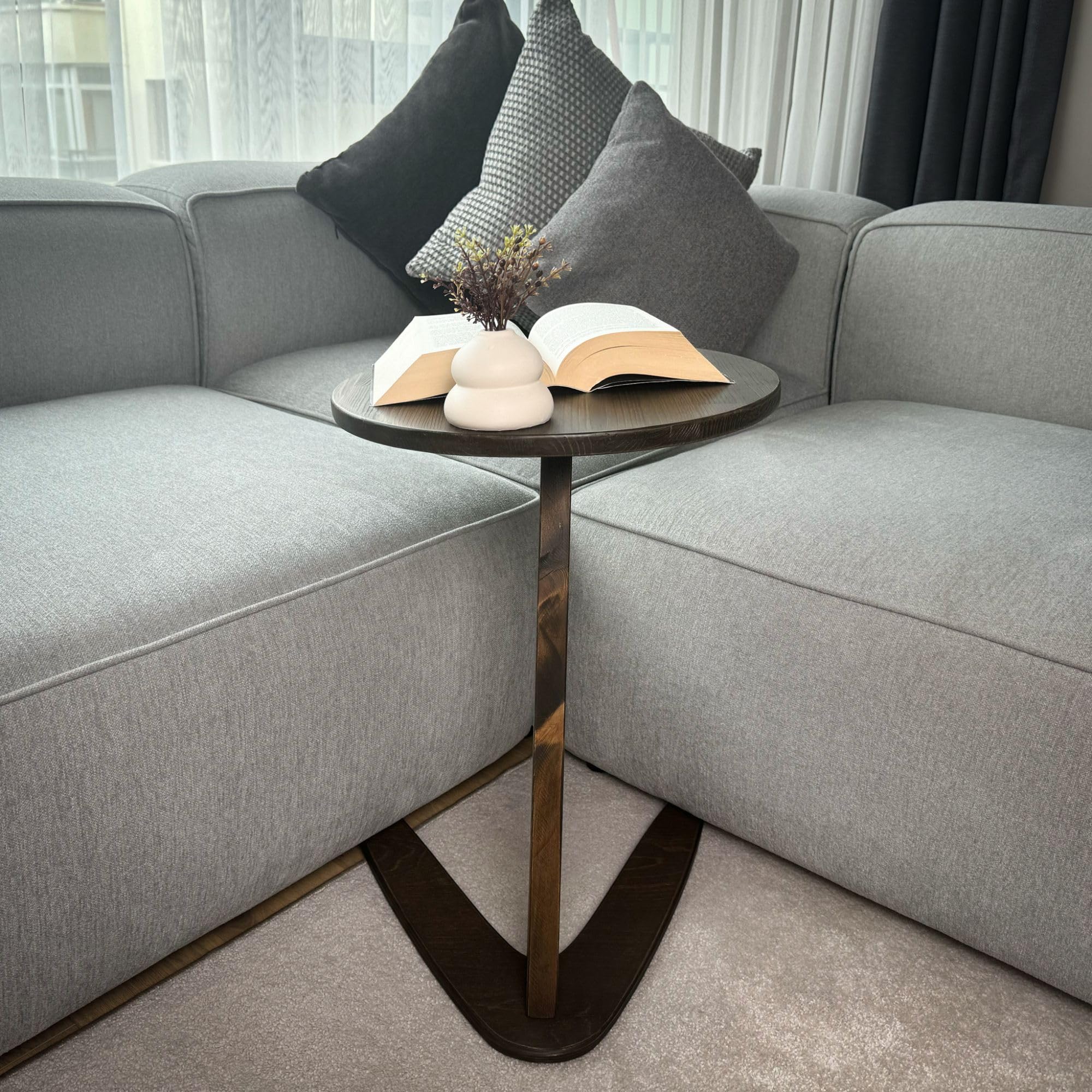 GENESIS WOODESIGN C-Shaped Handmade Solid Wood End Table, Side Table for Couches, Sofa Tables Slide Under Couch for Living Room, Over Couch TV Tray Table for Small Spaces (Medium, Dark Walnut)