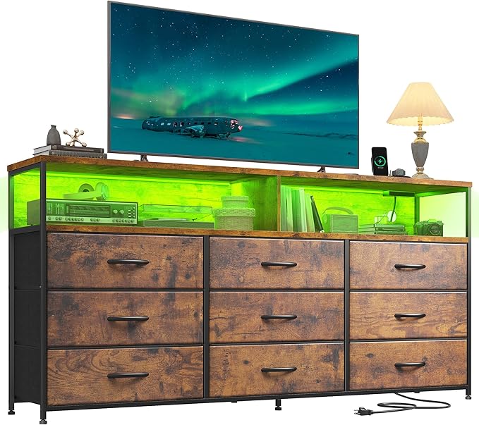 55" Wide Dresser with 9 Drawers, LED TV Stand & Power Outlets