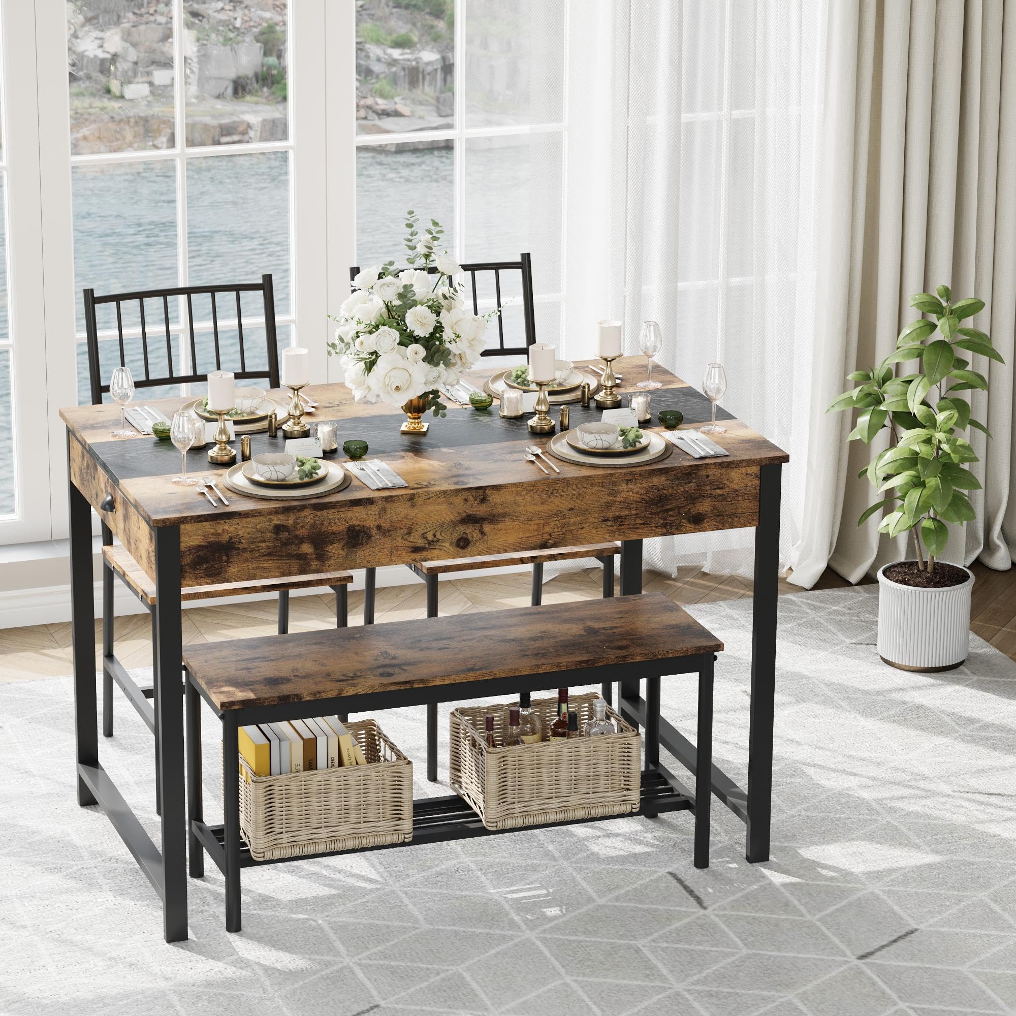 Space-Saving Dining Table Set for 4 with Bench