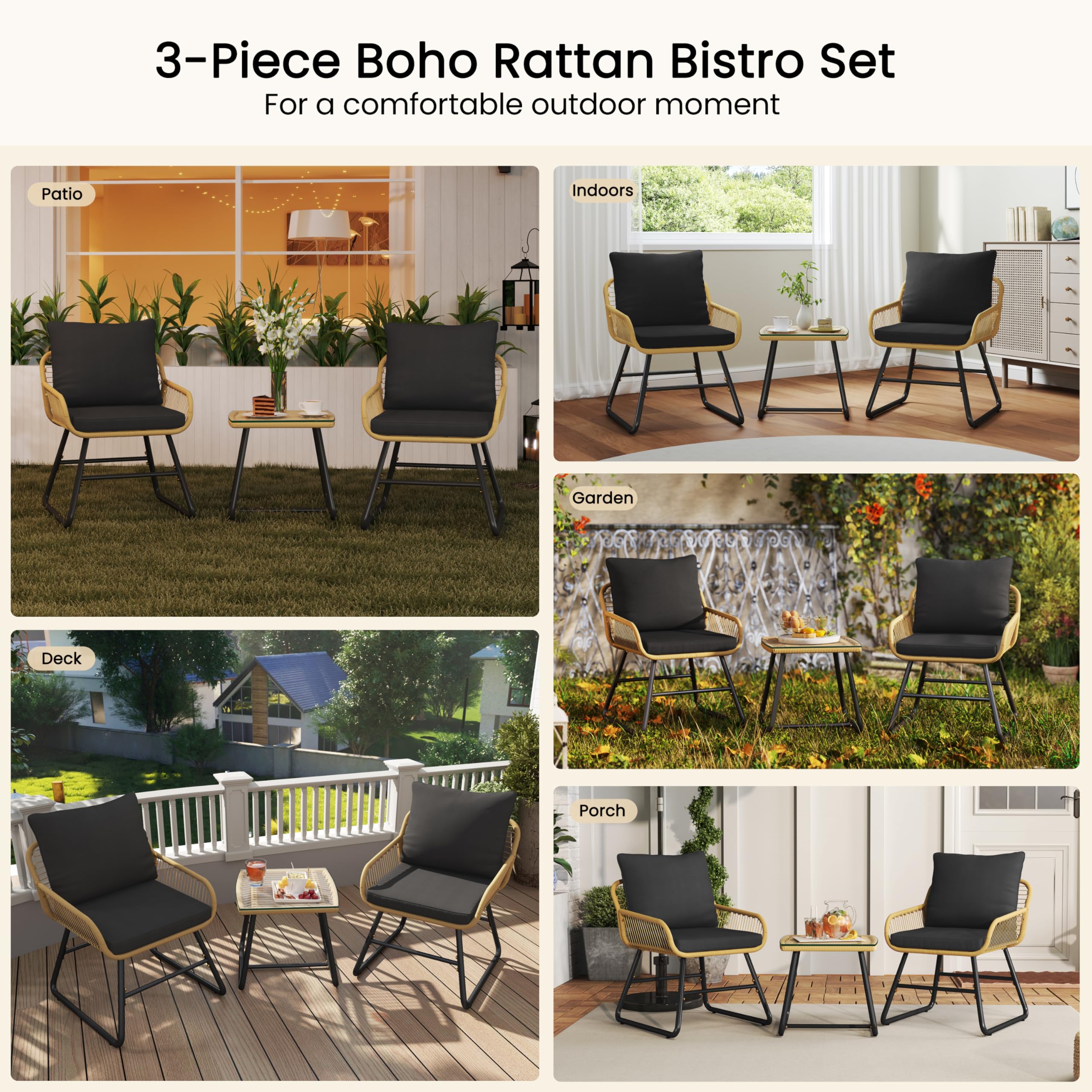 Yaheetech 3 Piece Patio Bistro Set Outdoor Wicker Bistro Furniture Sets, 2 Rattan Chairs and Glass Top Table for Patio, Balcony, Porch, Poolside, Backyard 3 PCS/Tan/Black