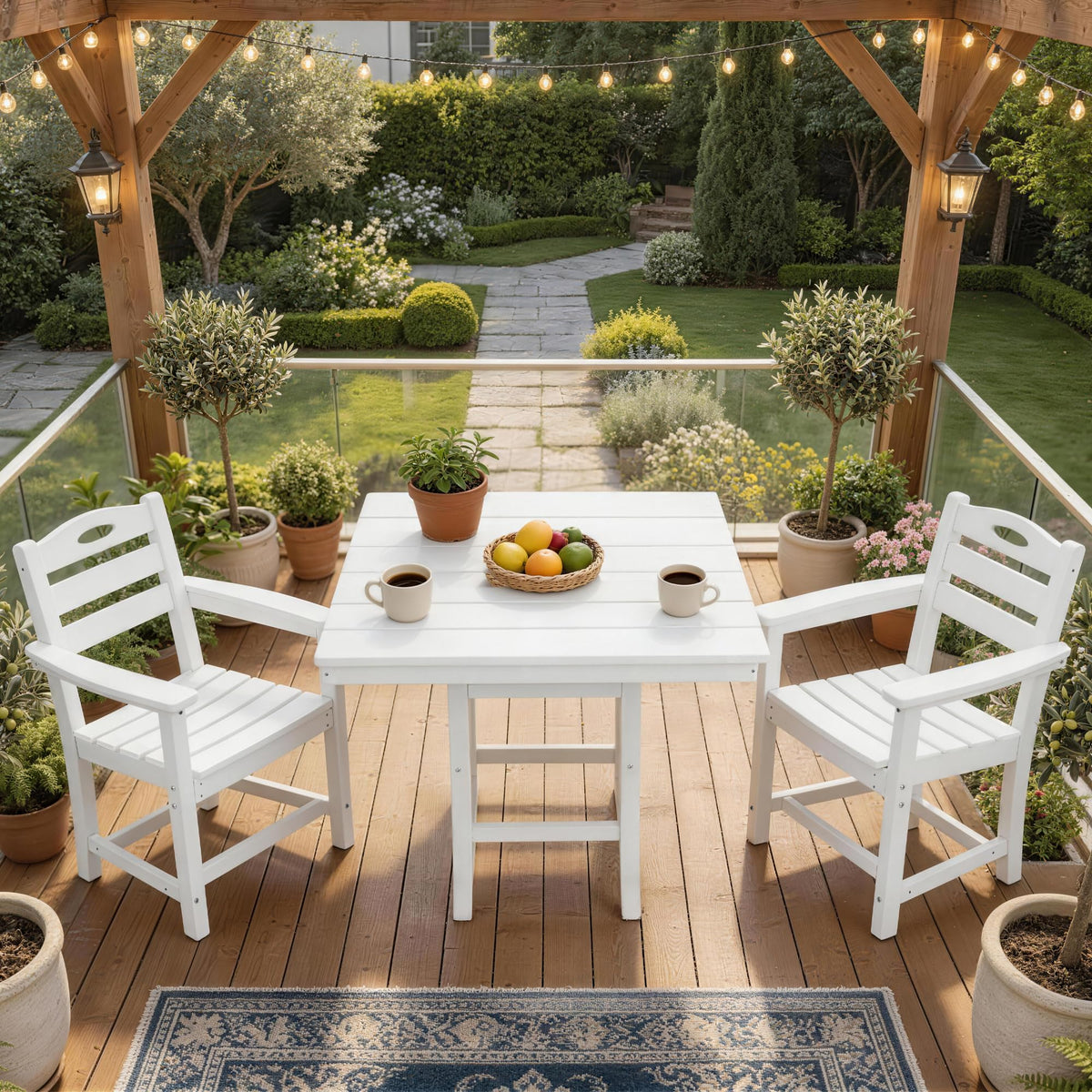 3 Piece Outdoor Patio Dining Set, HDPE 37.8" Square Dining Table with 1.77" Umbrella Hole & 2 Comfortable Armchairs, Heavy Duty Poly Bistro Furniture for Balcony, Porch, Garden, Poolside, White