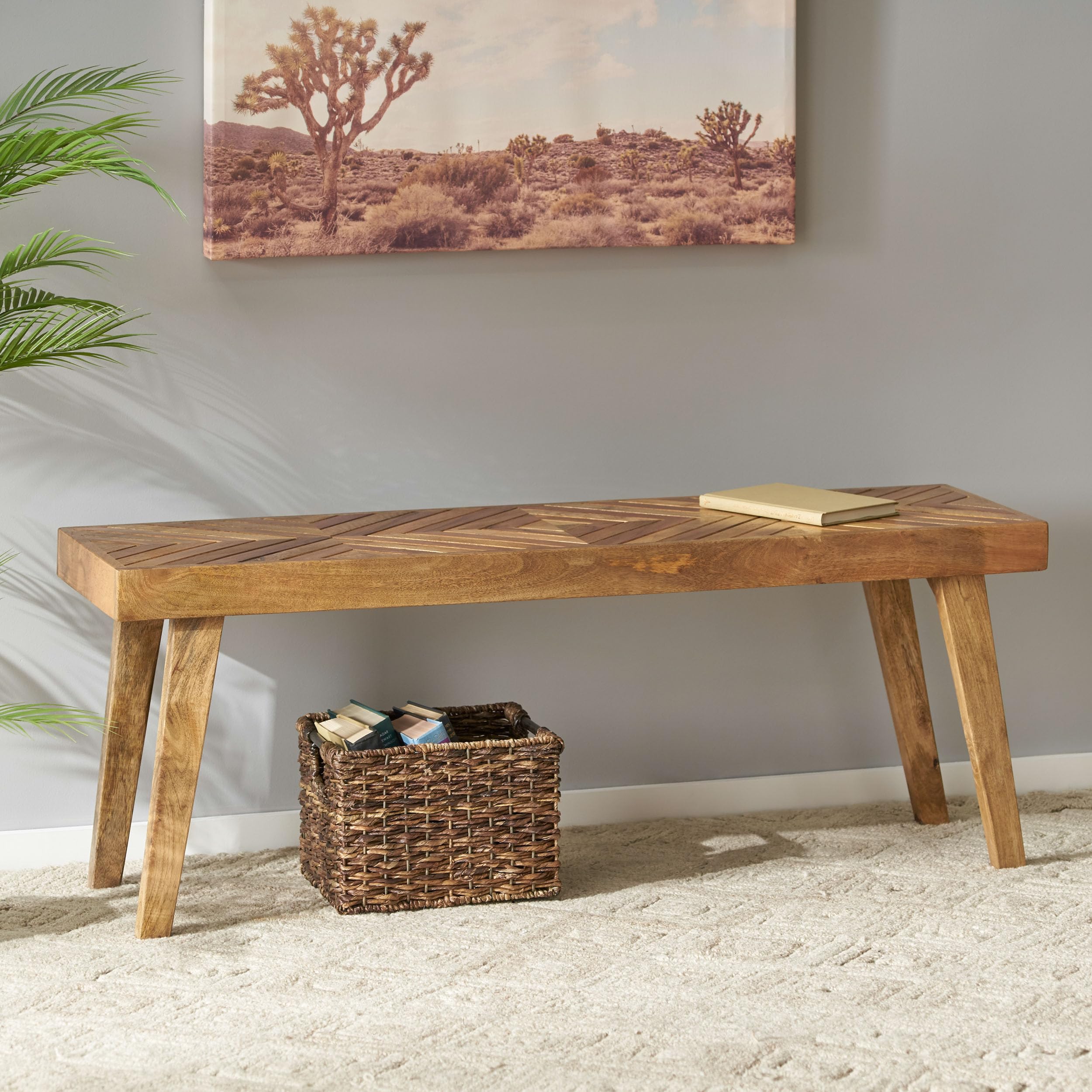 Mango Wood Dining Bench – Rustic Boho, Natural Brown