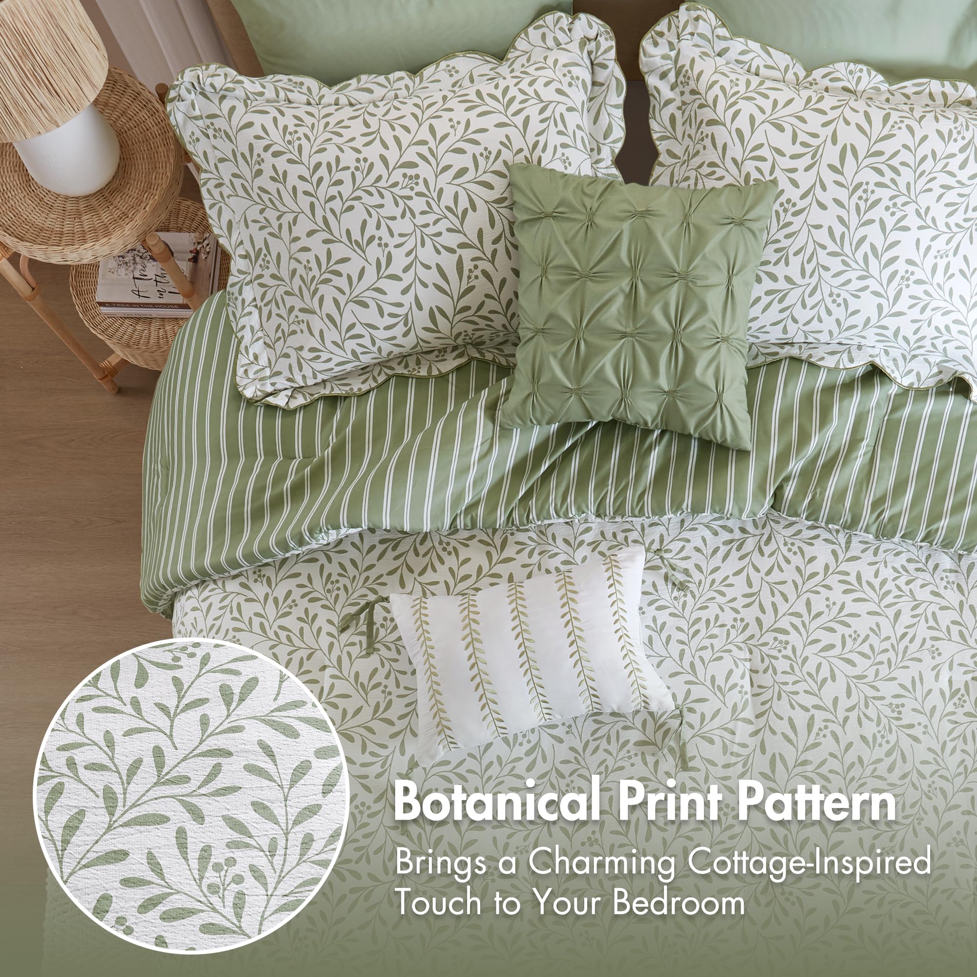 Madison Park 5-Piece Reversible Botanical Comforter Set - Summer Floral Print with Scalloped Edges, Lightweight Bedding with Decorative Pillows, Queen, Market Green