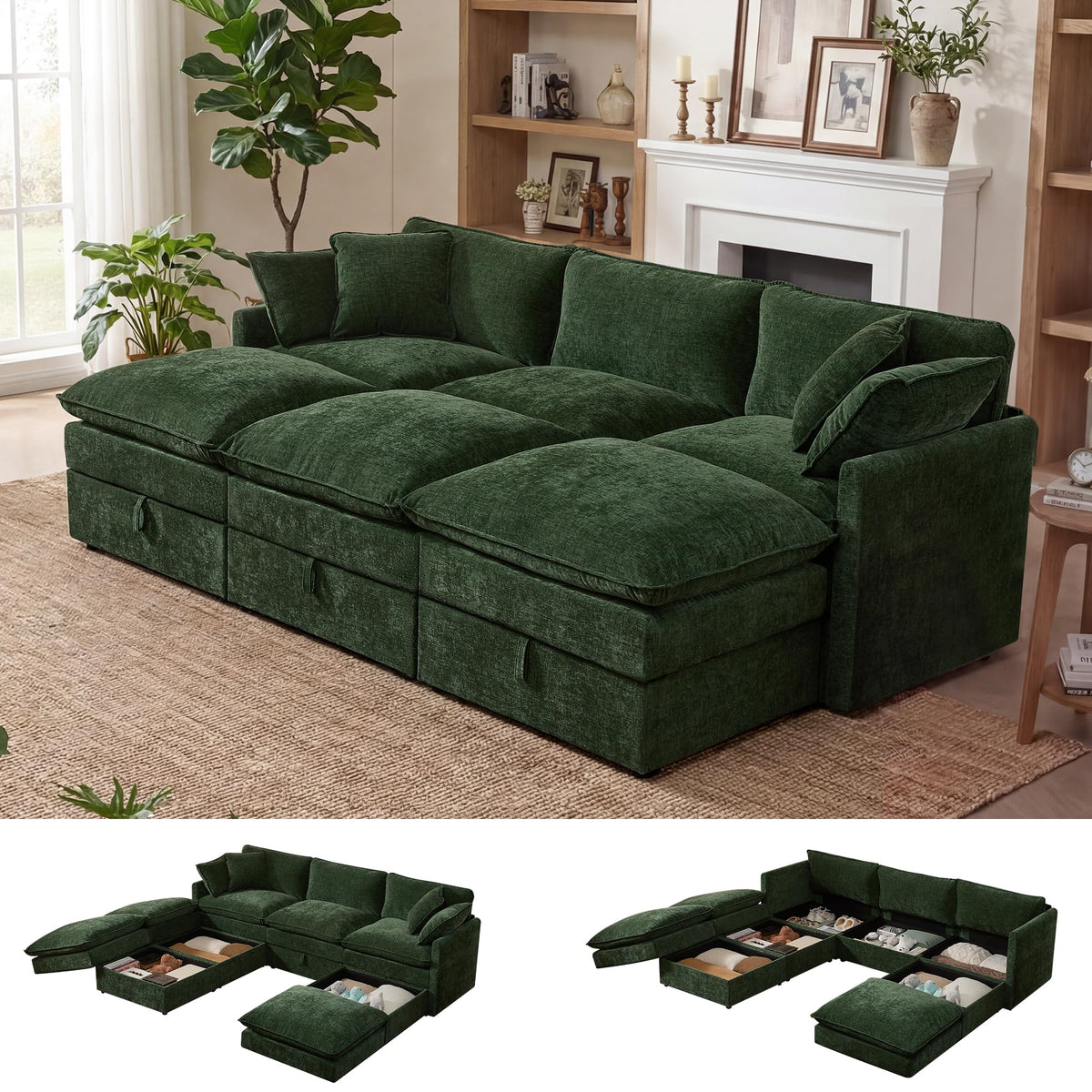 WorthFurni Modular Sectional Sofa Bed with Storage Ottomans,103" Cloud Couch,6-Seater Comfy Modern Couches with Pillows & Upholstered Deep Seat Cushion for Apartment Living Room Bedroom（Green）