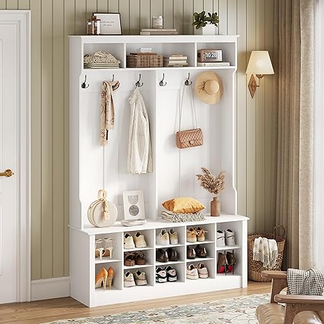 4-in-1 Farmhouse Hall Tree with Bench, 12 Shoe Cubbies & 6 Hooks