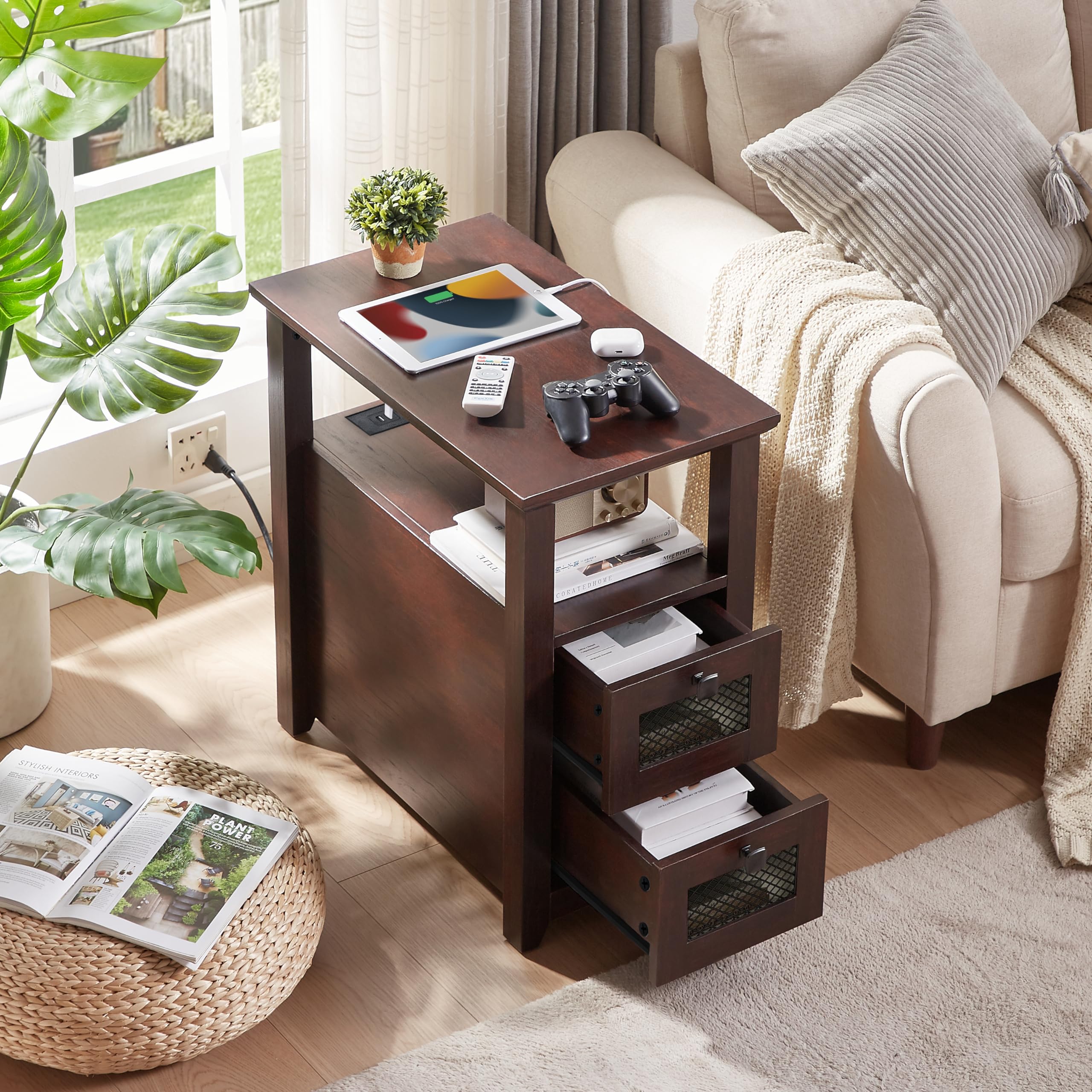 XXL End Table with Charging Station & 2 Drawers
