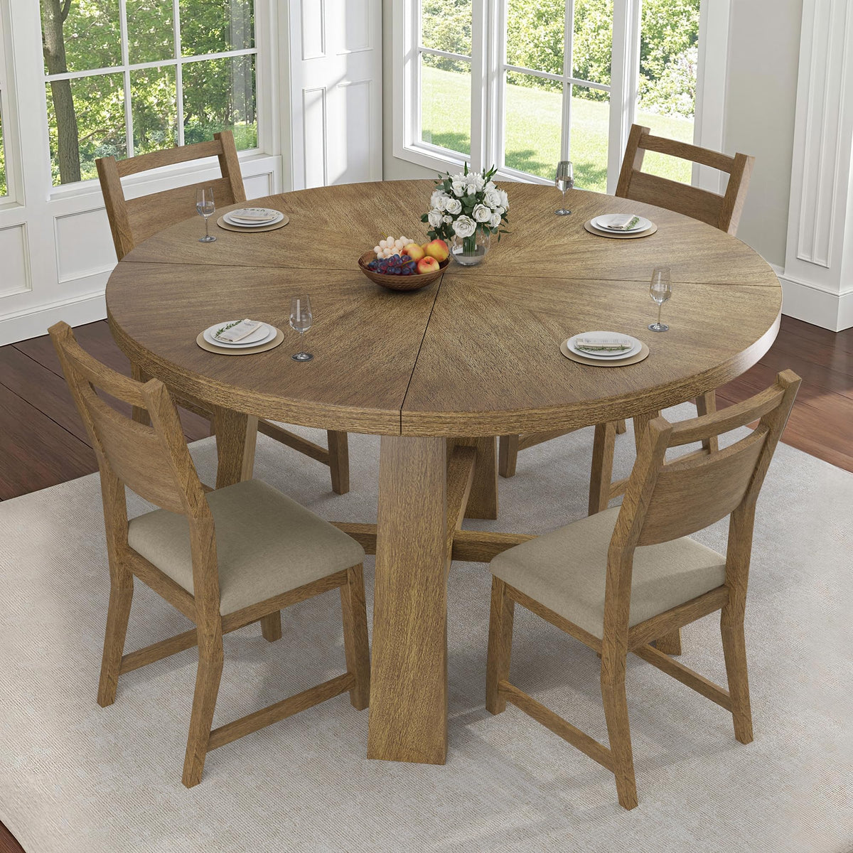 Round Solid Wood Dining Set for 4