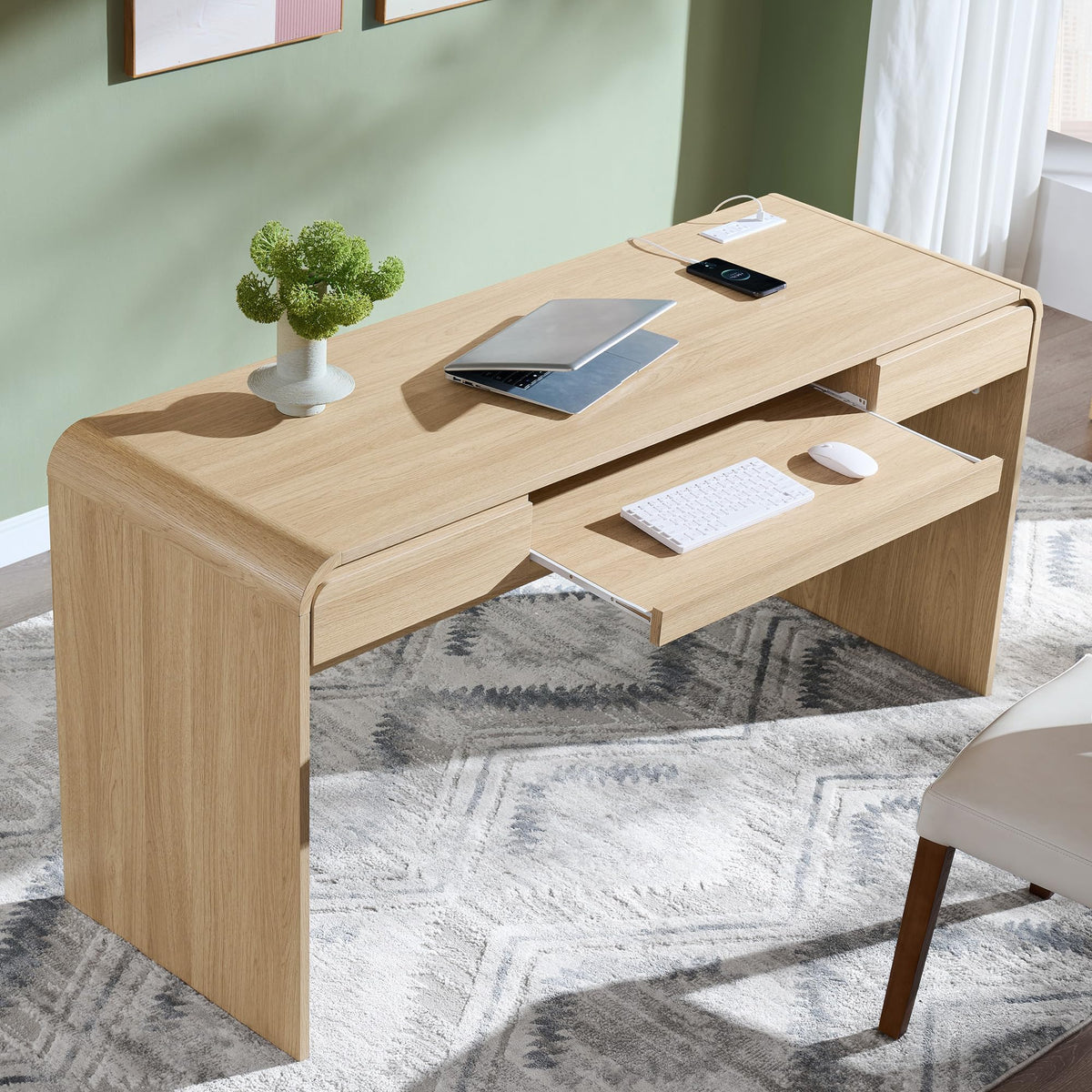 Curved Desk with Drawers and Charging Station
