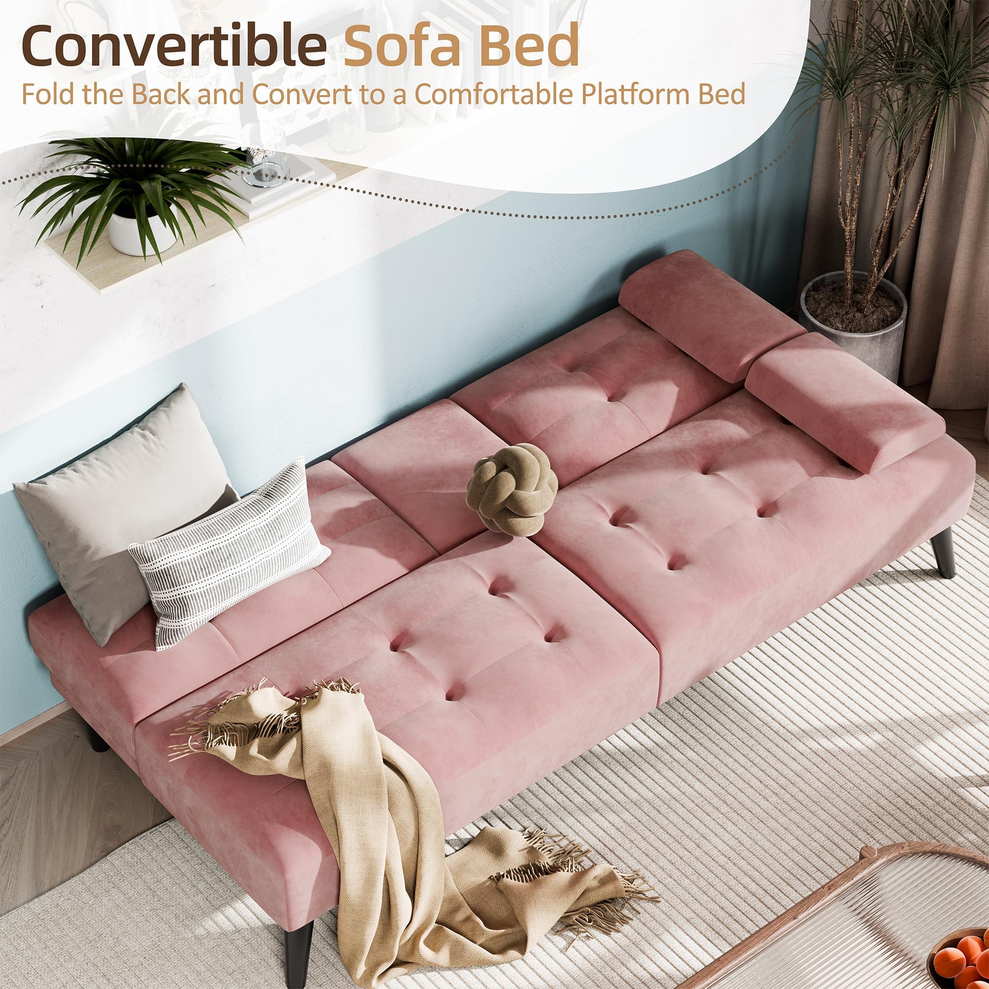 Velvet Futon Sofa Bed with Removable Armrests – Pink