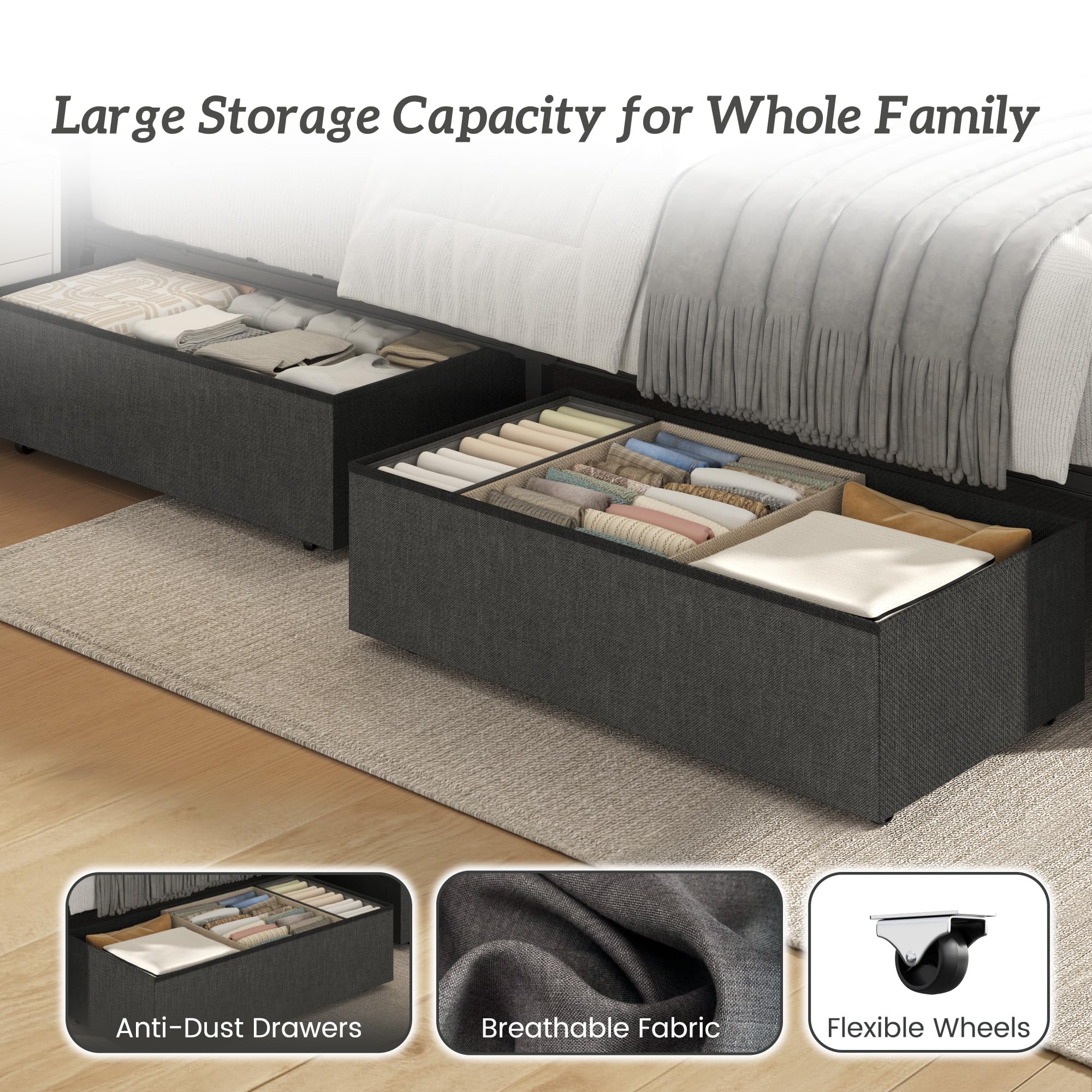 Queen Bed Frame with Storage, LED Lights & Charging Station