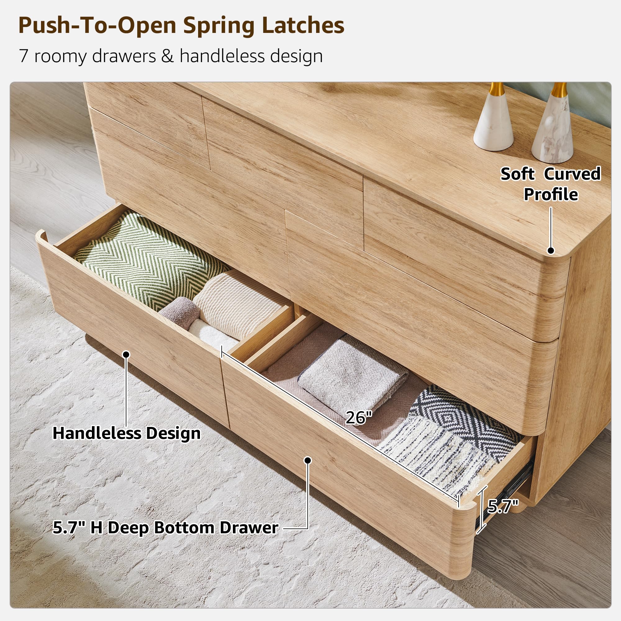 ACCOHOHO Modern 7 Drawer Dresser for Bedroom, 52" Wide Handleless Chest of Drawers, Large Push-to-Open Wood Storage, Dresser TV Stand for Bedroom, Living Room, Hallway, Curved Profile, Natural Oak