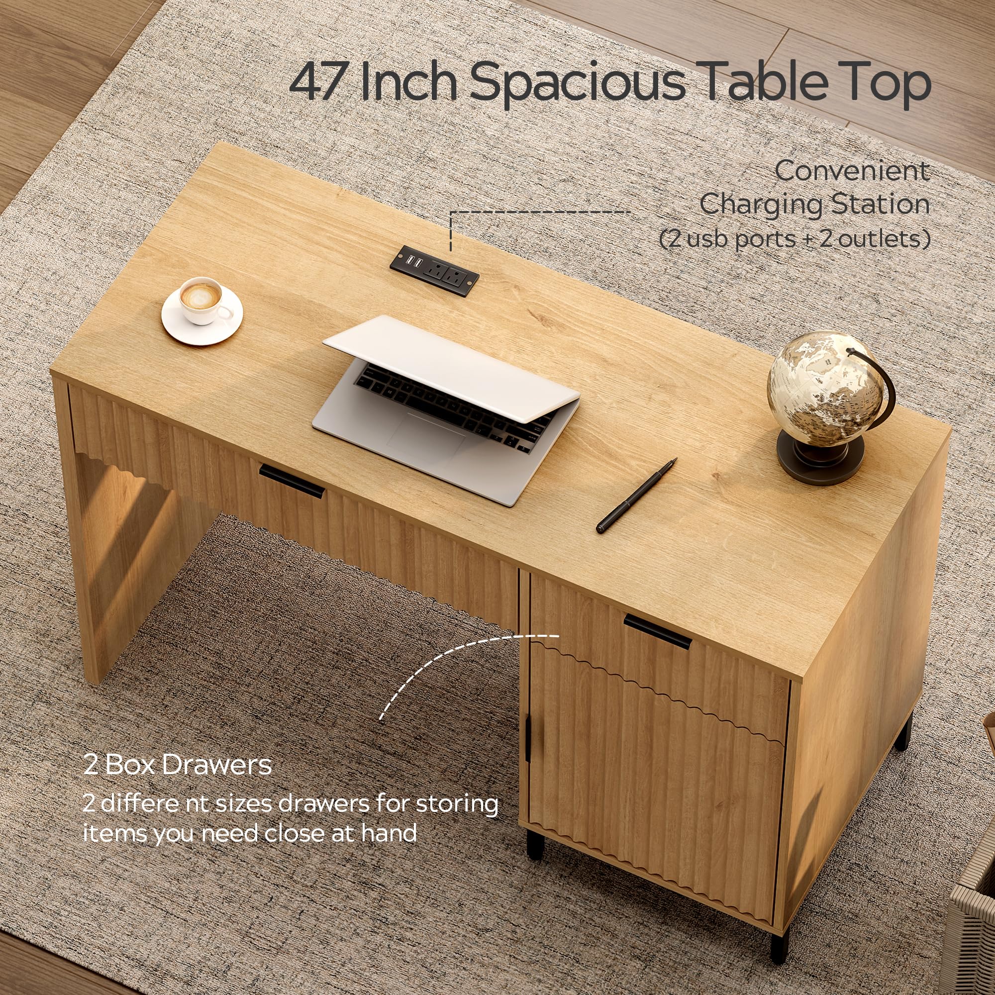 47" Fluted Computer Desk with Drawers & Cabinet