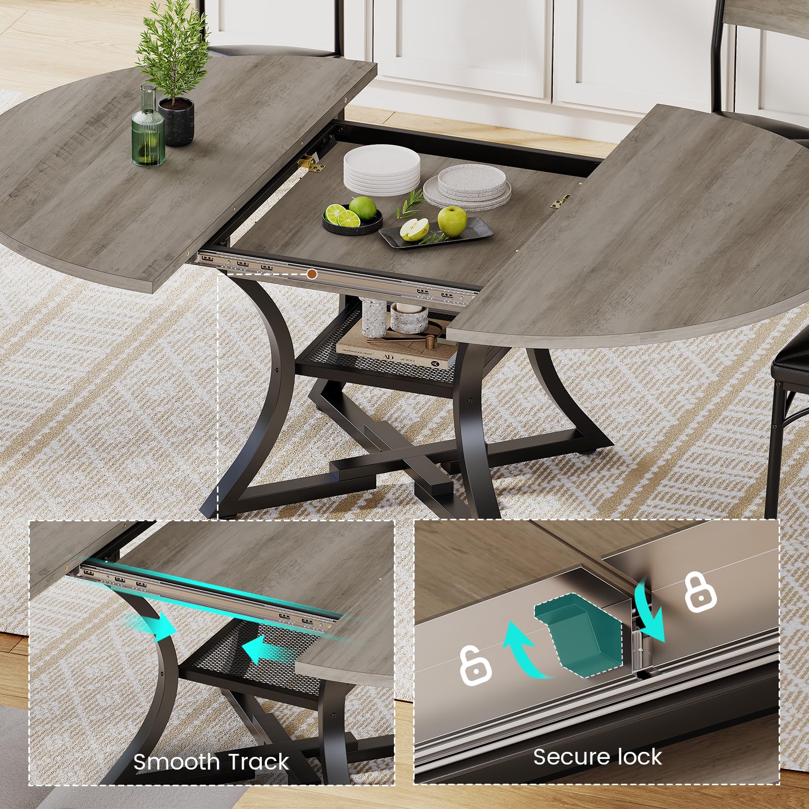 Expandable Round Dining Table Set with 4 Cushion Chairs