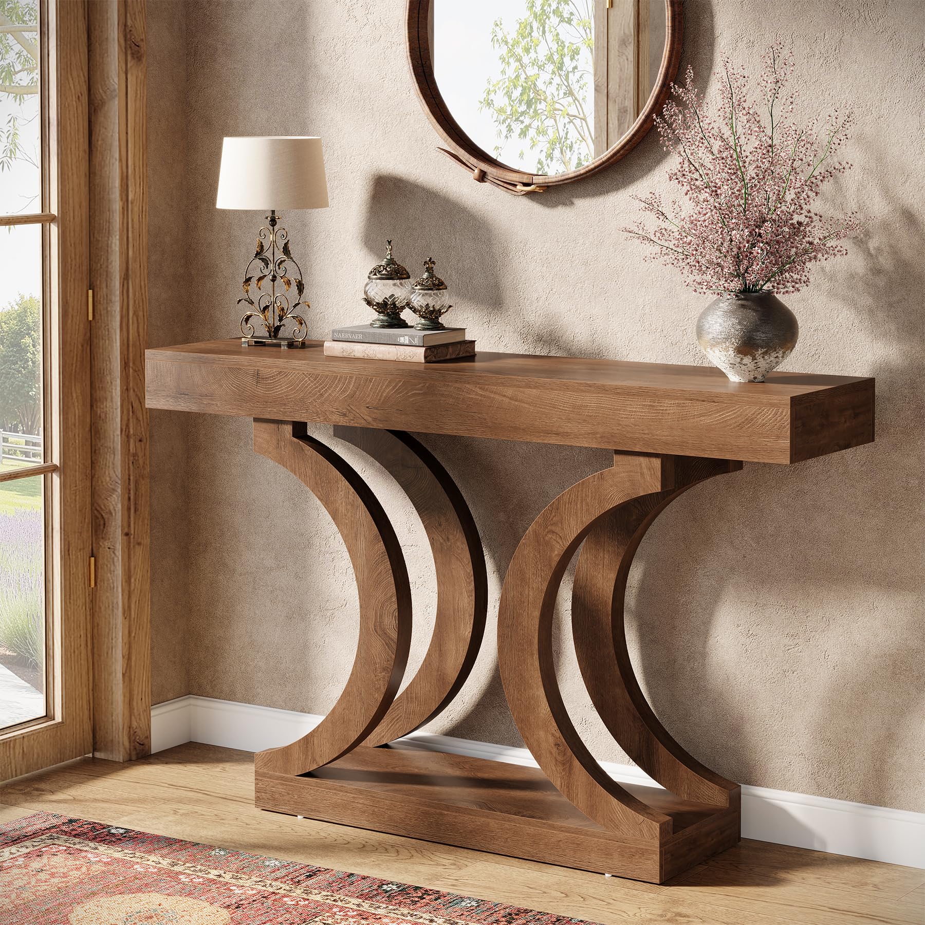 Tribesigns 43.31-Inch Farmhouse Console Table for Entryway, Unique Narrow Sofa Table Behind the Couch with Curved Legs for Living Room, Hallway, Foyer, Entrance, Rustic Brown