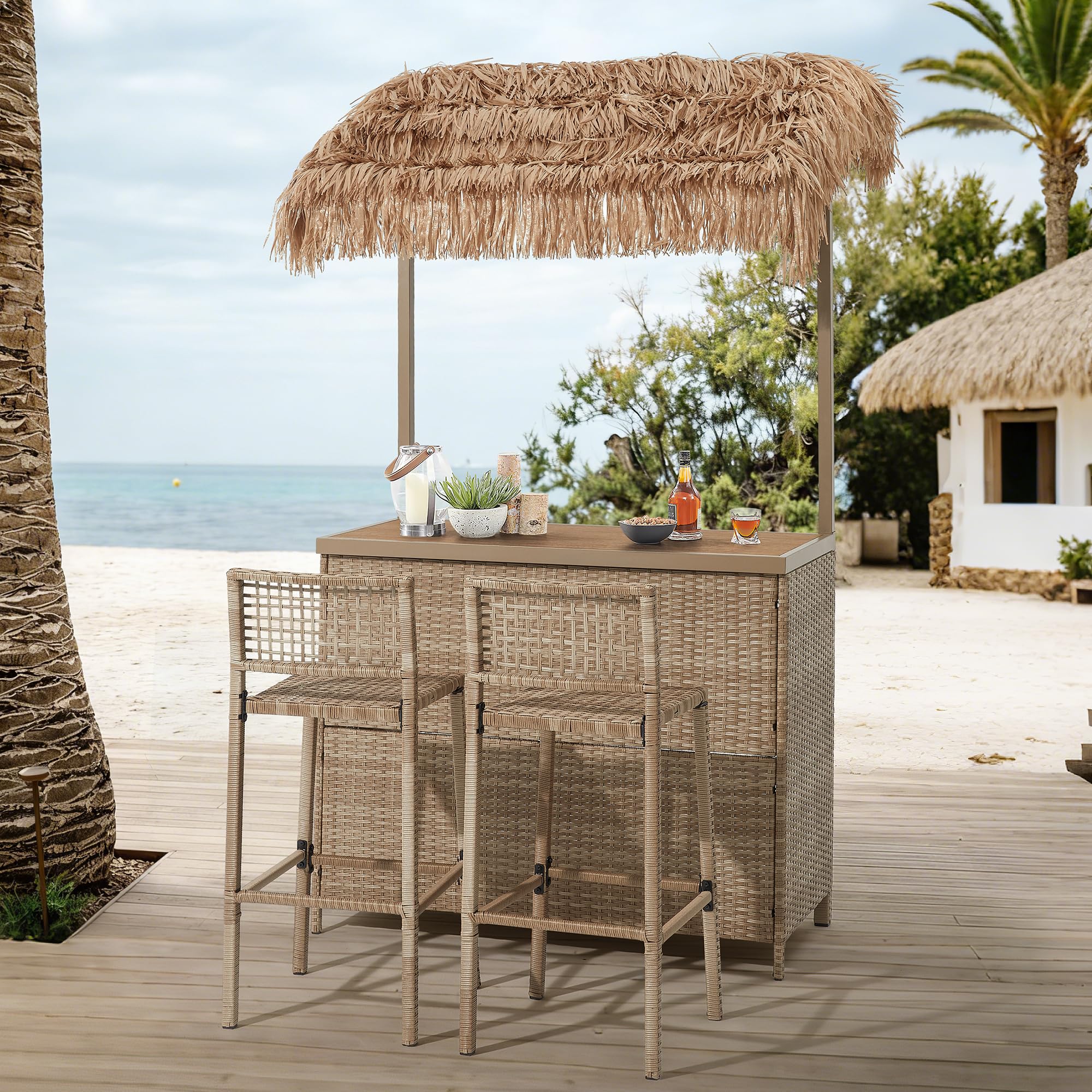 Mvpipi Outdoor Tiki Bar Set, 3 Pieces All-Weather Wicker Patio Bar Set with 2 Height Stools and Storage, Outdoor Bar Set for Outside Patio, Garden, Backyard,Yellow