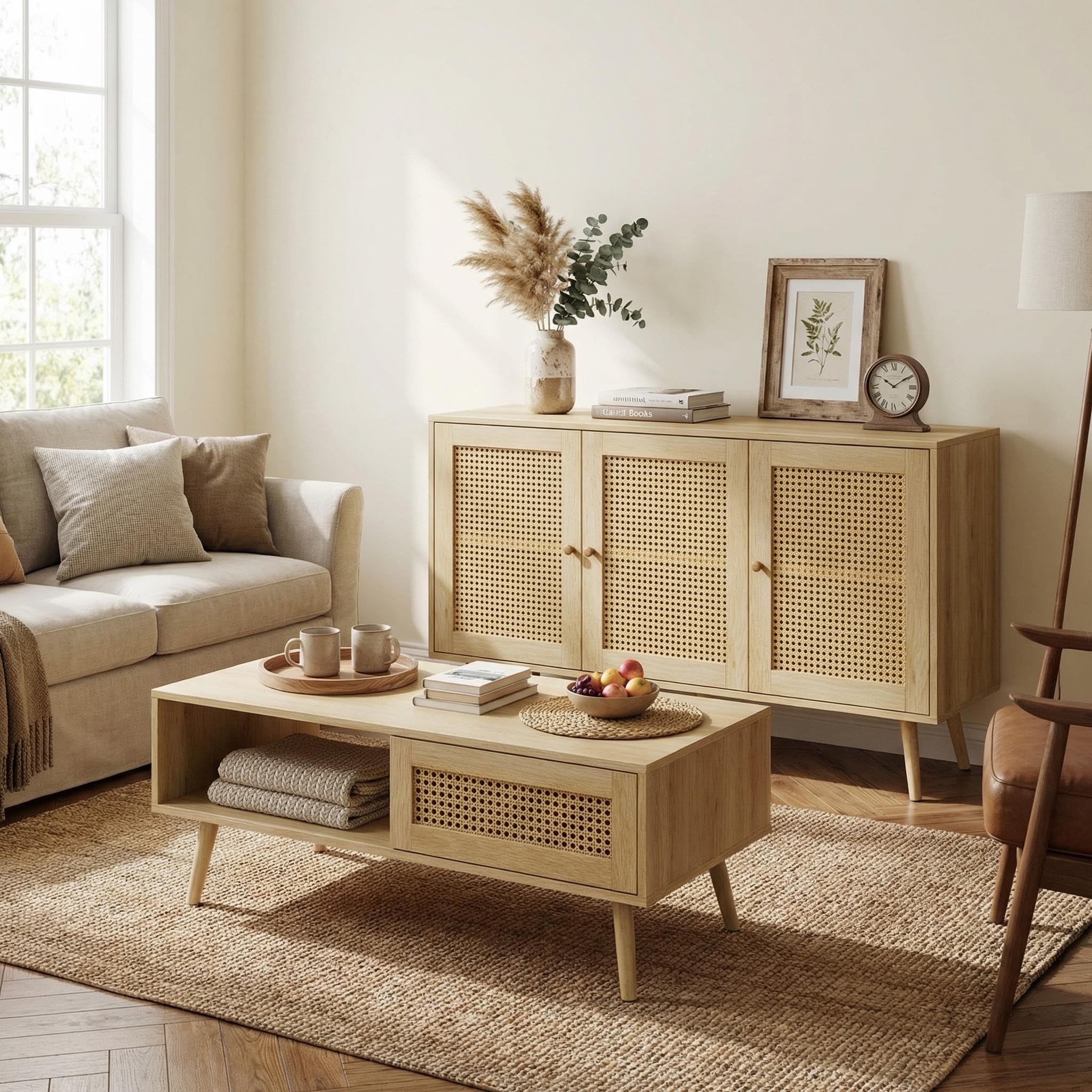 IDEALHOUSE Living Room Table Sets of 2, Includes 47" Rattan TV Stand Storage Cabinet for 55" TV, Farmhouse Coffee Table with Storage Shelf for Bedroom