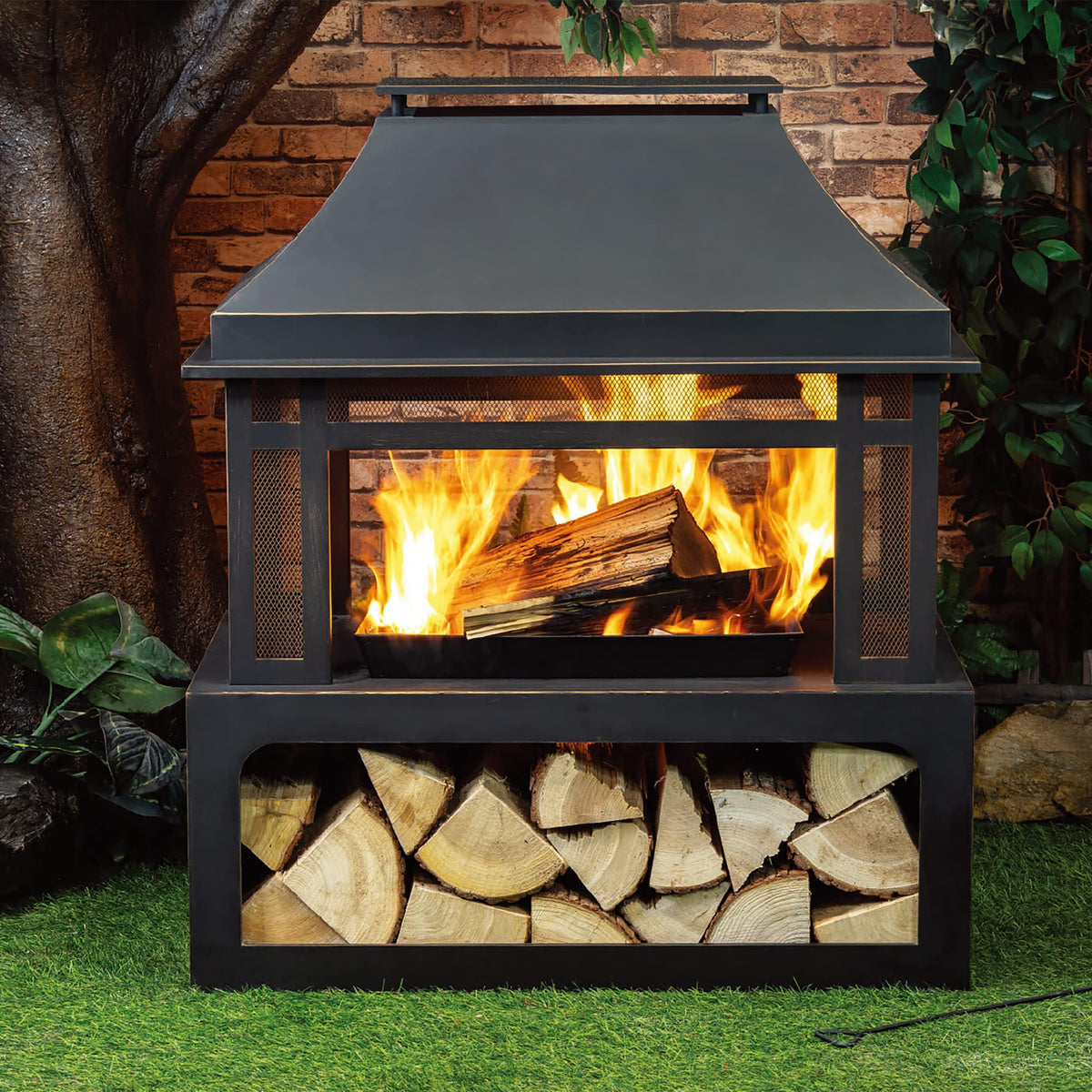 Deko Living Outdoor Wood Burning Fireplace with Wood Storage and Removable Fire Grill - 40 Inch Large Metal Wicker Base Fire Pit for Patio Garden Deck Backyard, Black