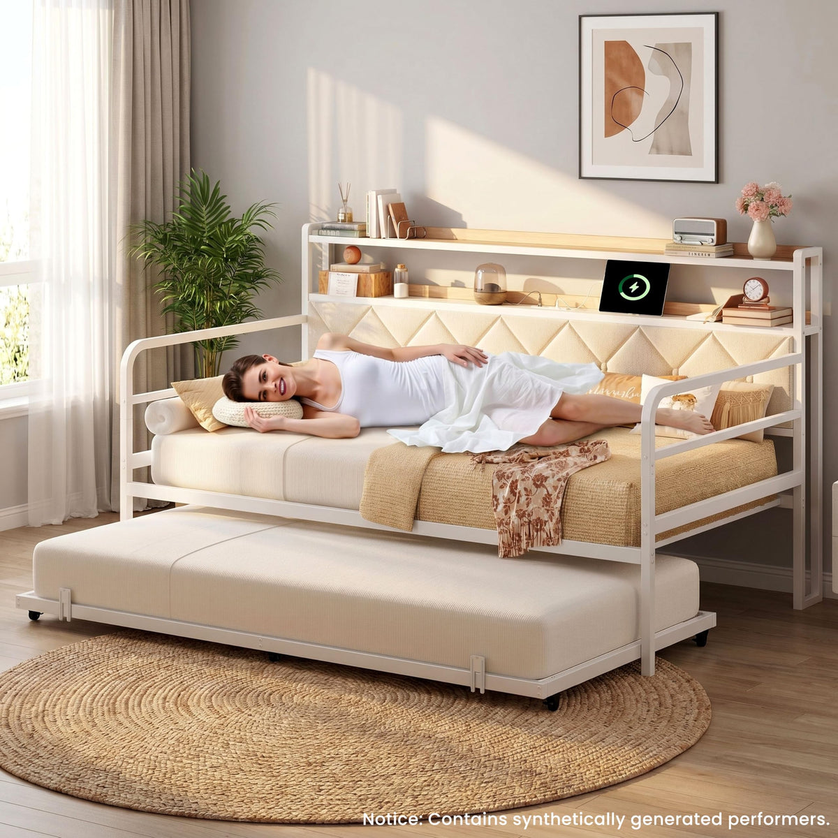 LIKIMIO Twin Daybed with Trundle and Charging Station, White