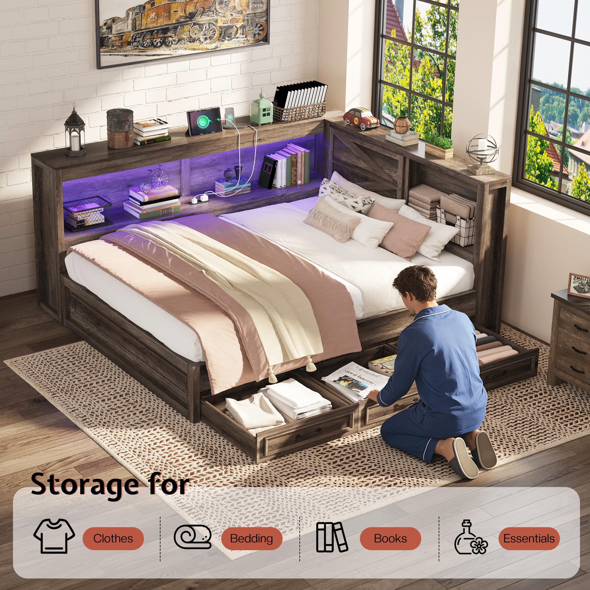 Jocisland Full Corner Bed Frame with Storage Drawers and Bookcase Headboard, Charging Station and Led Lights, Farmhouse Wood Daybed for Kids Teens, No Box Spring Needed, Grey