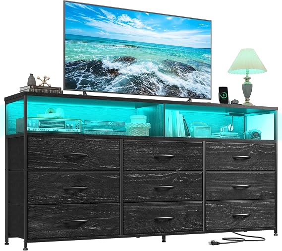 9-Drawer Dresser with LED TV Stand & Power Outlets