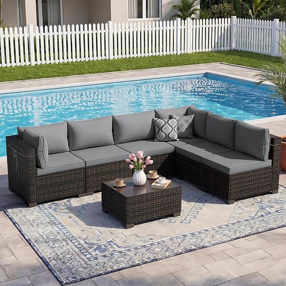 7-Piece Outdoor Rattan Patio Furniture Set with Tea Table