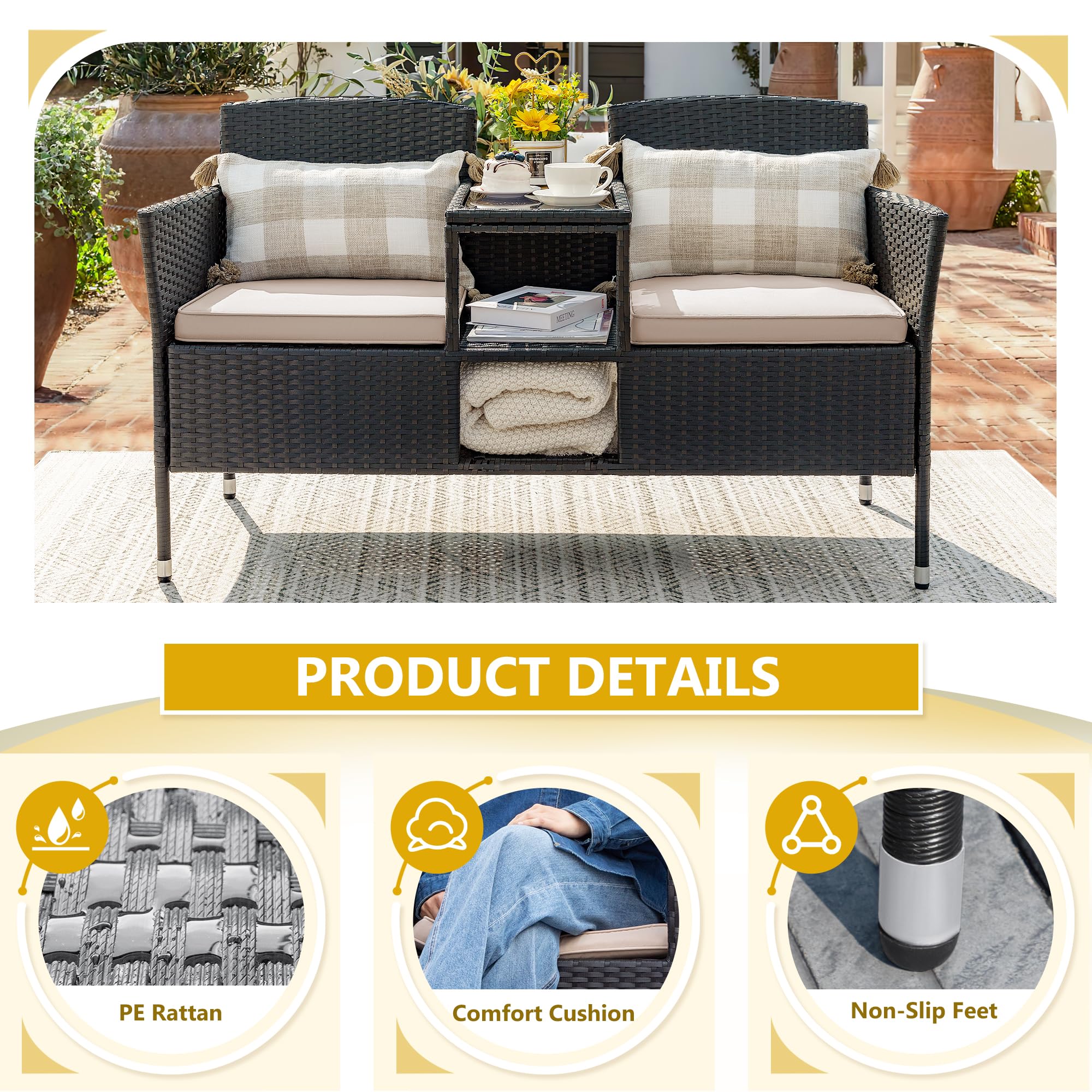 Outdoor Rattan Loveseat with Built-In Table