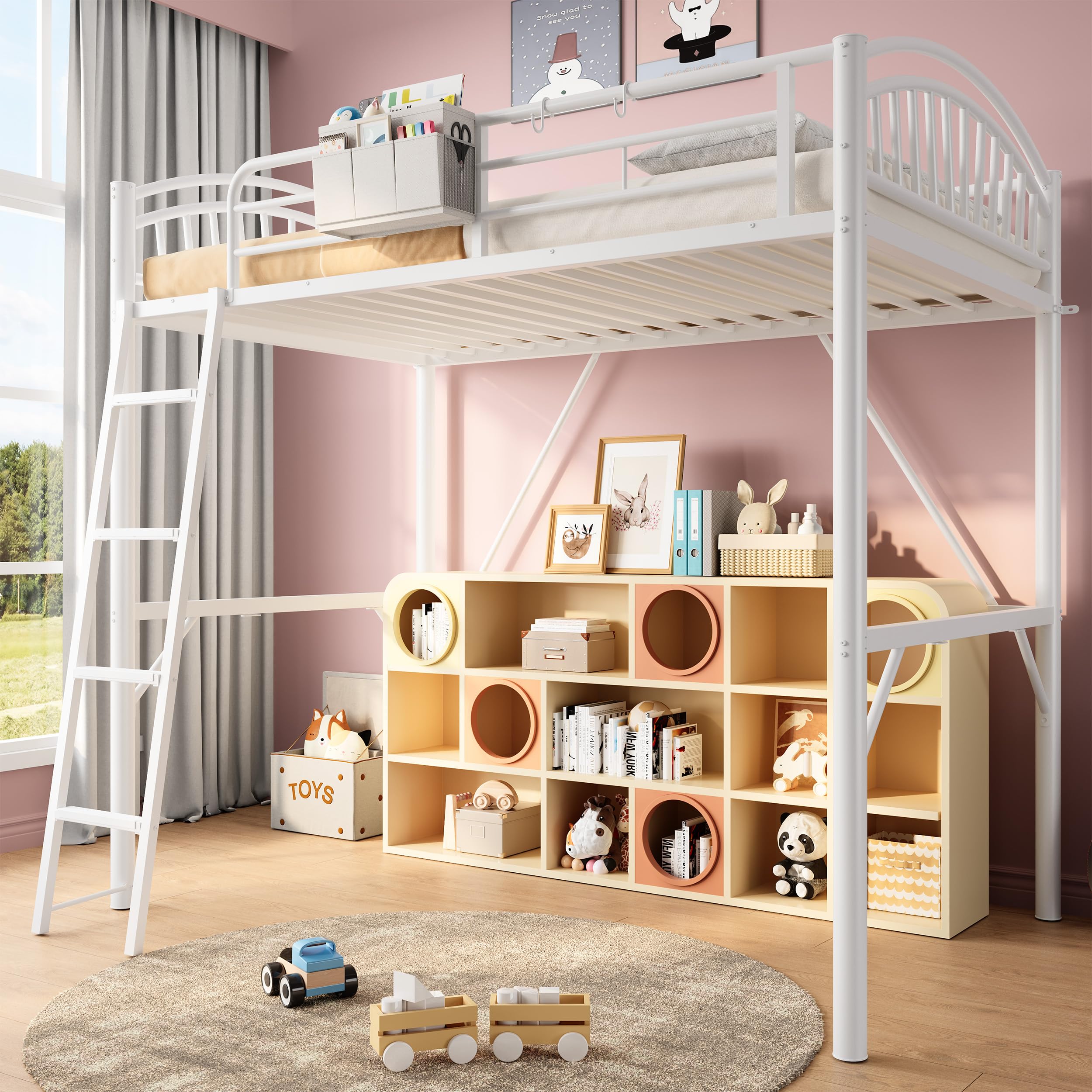 Twin Metal Loft Bed with Convertible Ladder