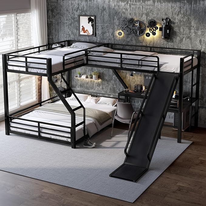 L-Shaped Triple Bunk Bed with Desk