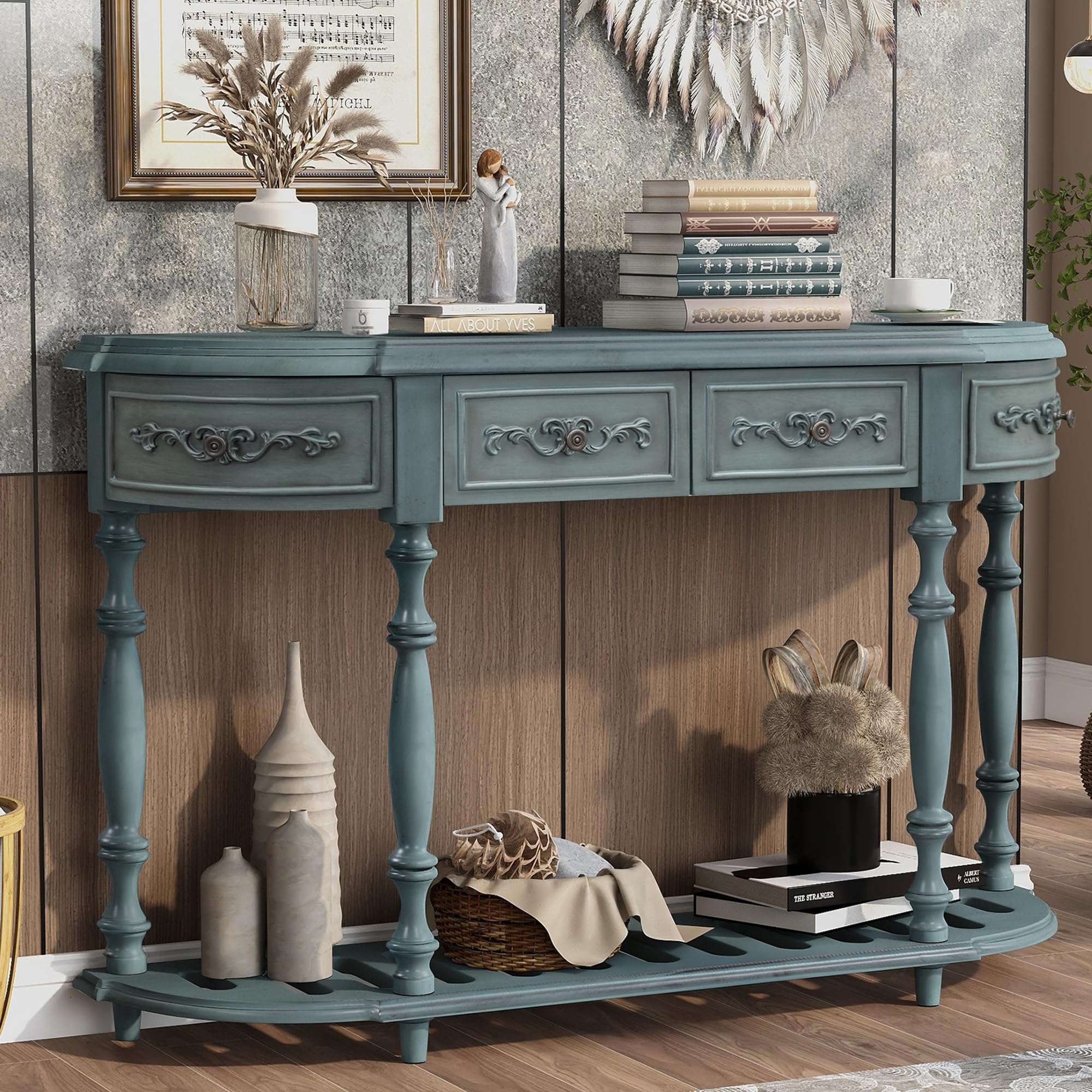 Amposei Retro Wood Curved Entryway Console Table 52-Inch Half Moon Hall Sofa Table with Drawers & Shelf for Living Room Hallway Foyer Home Accent Furniture, Distressed Finish (Antique Blue)