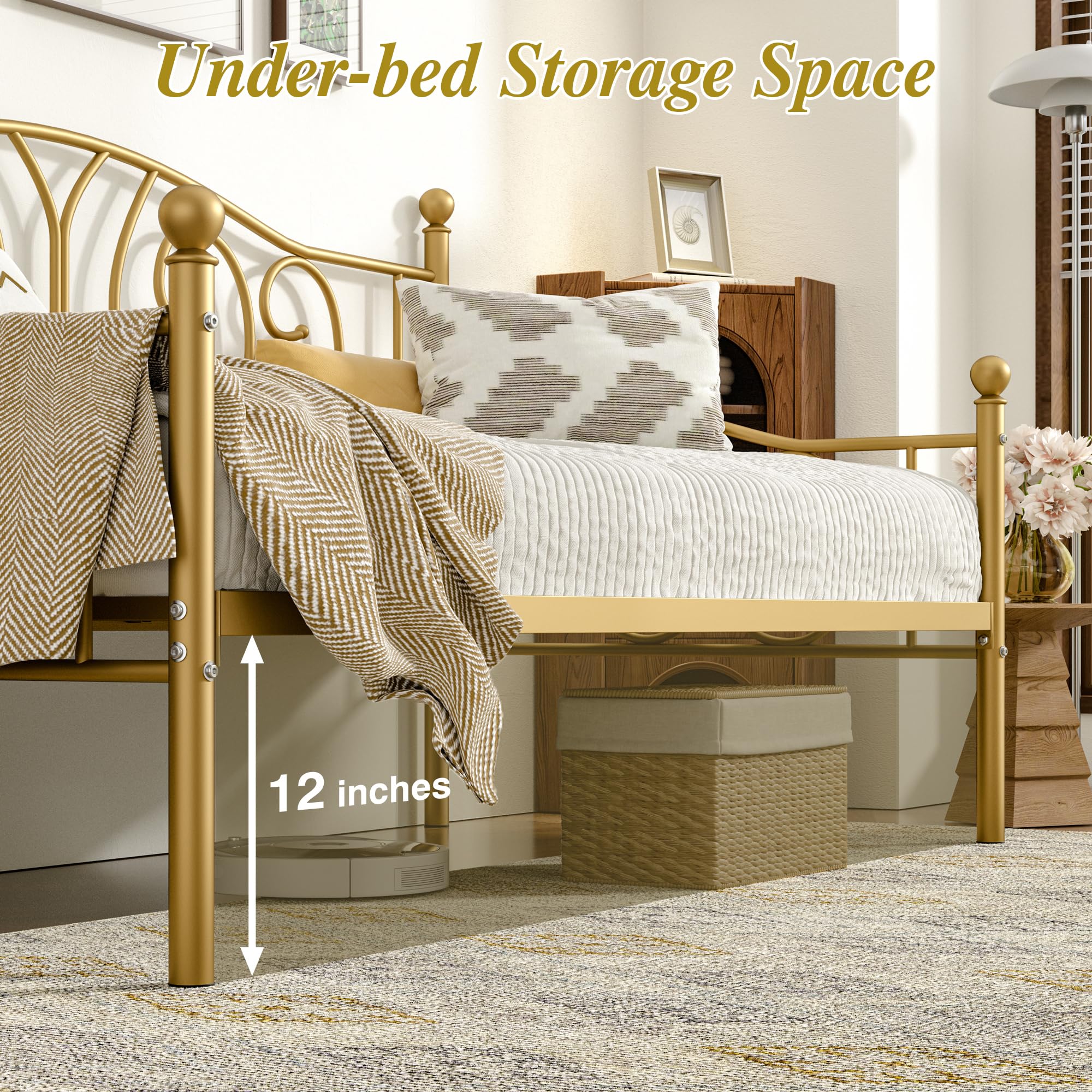 Twin Daybed Frame with Metal Slats & Under-Bed Storage
