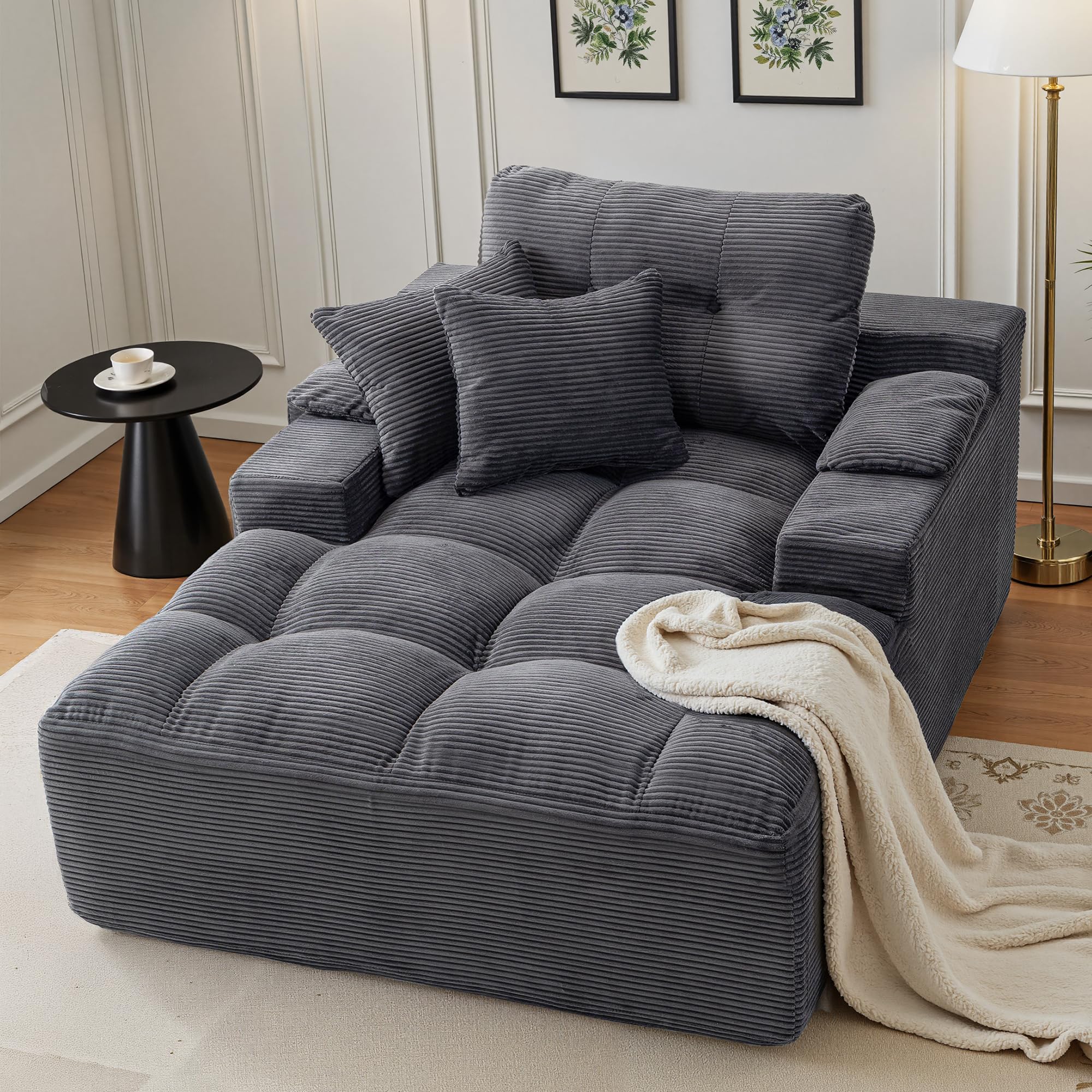 spanspace Oversized Chaise Lounge Chair Indoor, Plush Sleeper Sofa Couch Reading Chairs with Throw Pillows and Removable Armrest Pads for Living Room, No Assembly Required