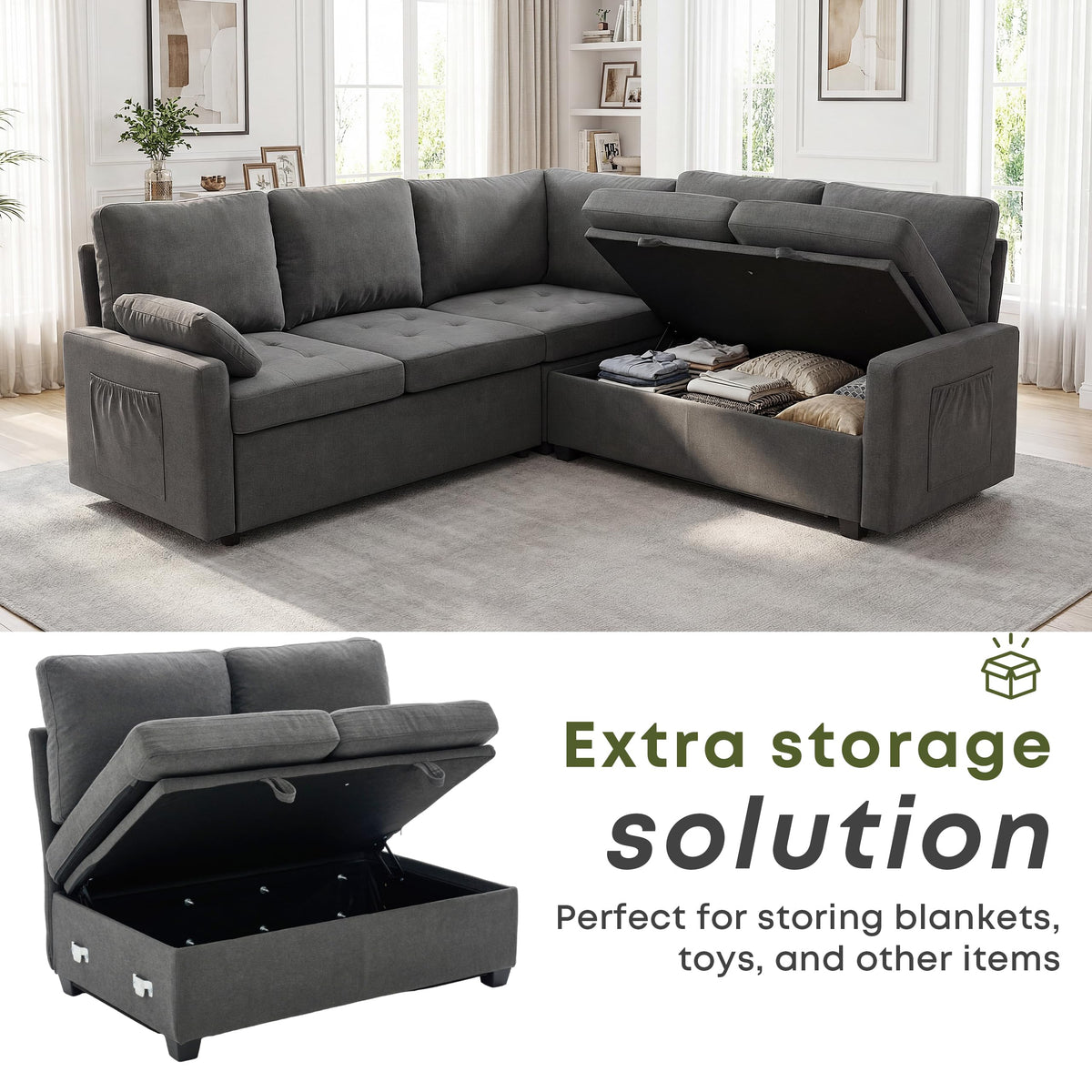 Huatean Home 82" Pull Out Couch with Storage, Sleeper Sofa, 5 Seat L Shaped Sectional Couches for Living Room, Modular Sectional Couch with Removable Covers, Dark Grey