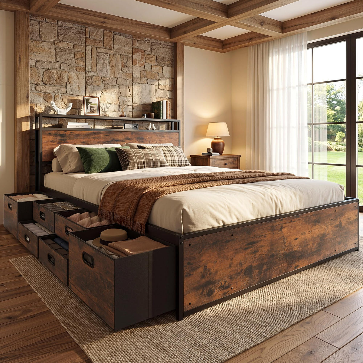 LIKIMIO Queen Size Bed Frame with 12 Storage Drawers and Headboard
