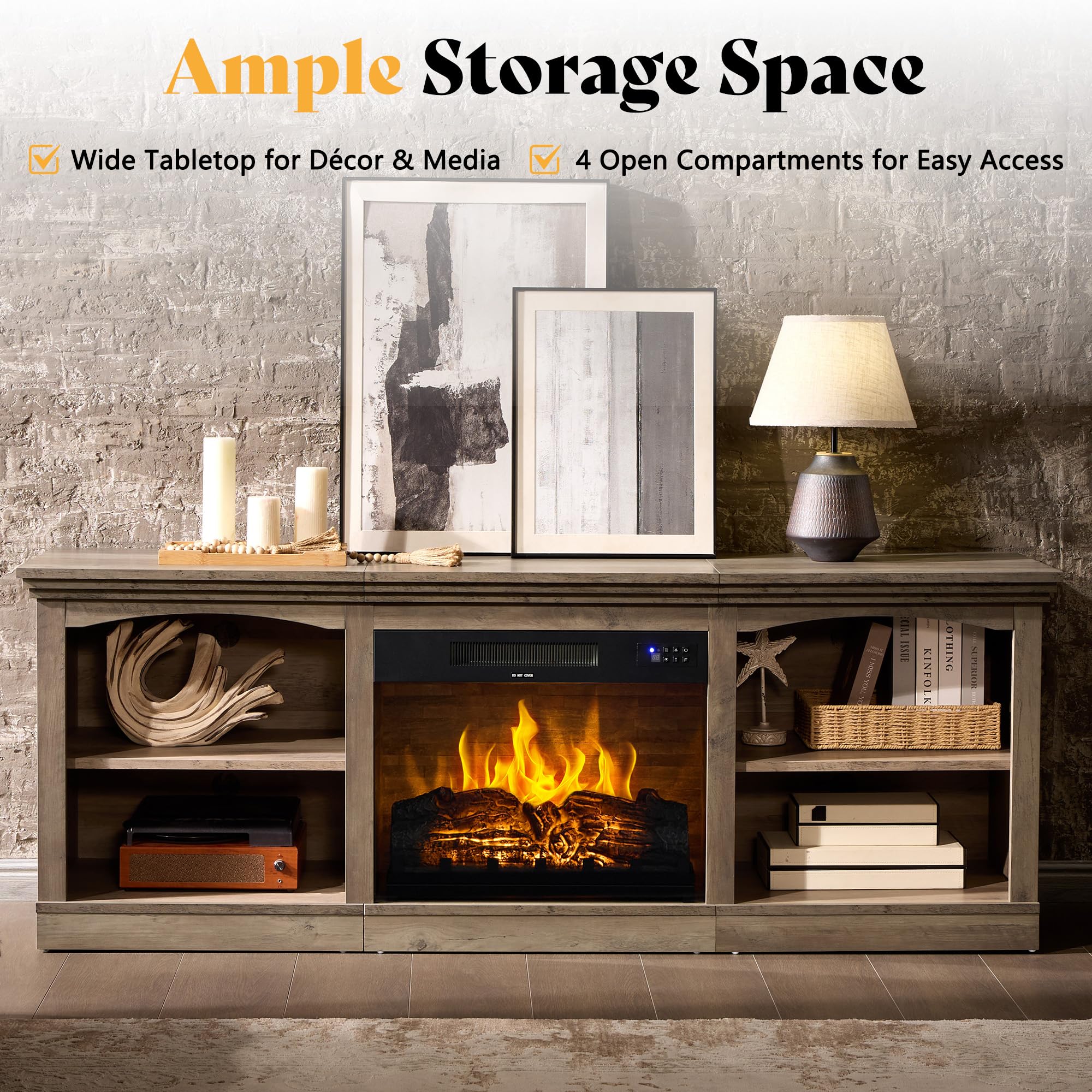 70" Fireplace TV Stand with Electric Fireplace & Storage