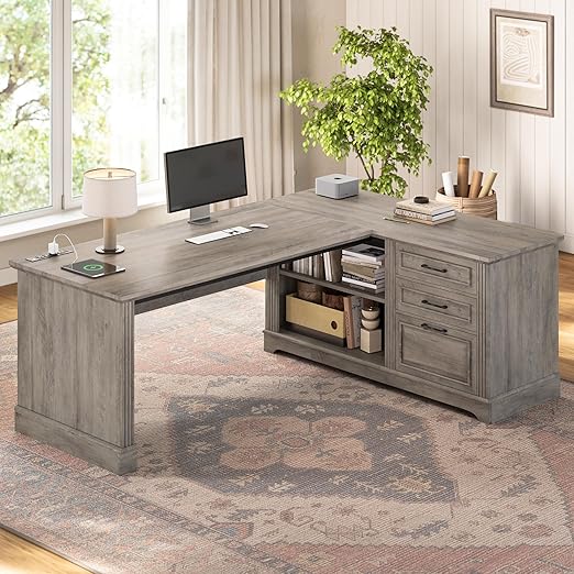 L-Shaped Executive Desk with File Drawers & Power Outlets