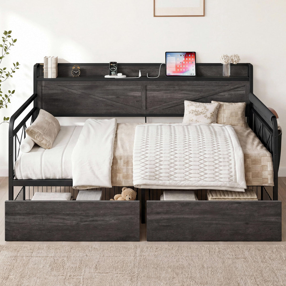 LIKIMIO Twin Daybed with Farmhouse Storage Headboard