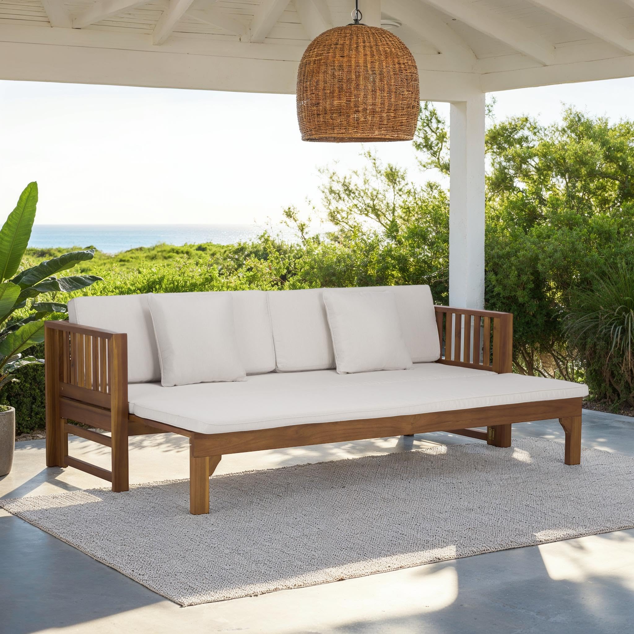 SAFAVIEH Outdoor Patio Furniture Collection - Napoli Brown & Cream Solid Wood Bench Convertible Daybed with Cushions, Versatile Patio Seating (PAT6805A)