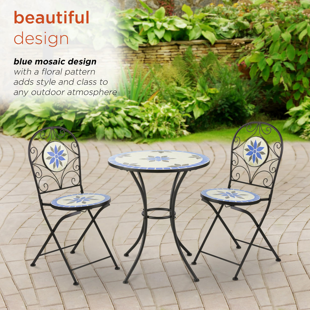 Alpine Corporation Blue and Beige Mosaic Bistro Set, 3-Piece