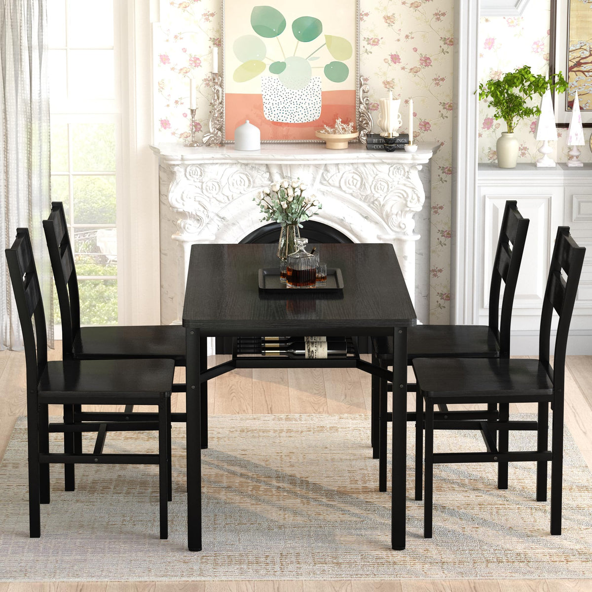 Hooseng Dining Table Set for 4, Wood Kitchen Table Chairs Set with Storage, Farmhouse 5 Piece Dining Room Table Set, Space-Saving Dinette Set for Breakfast Nook, Apartment (Black)