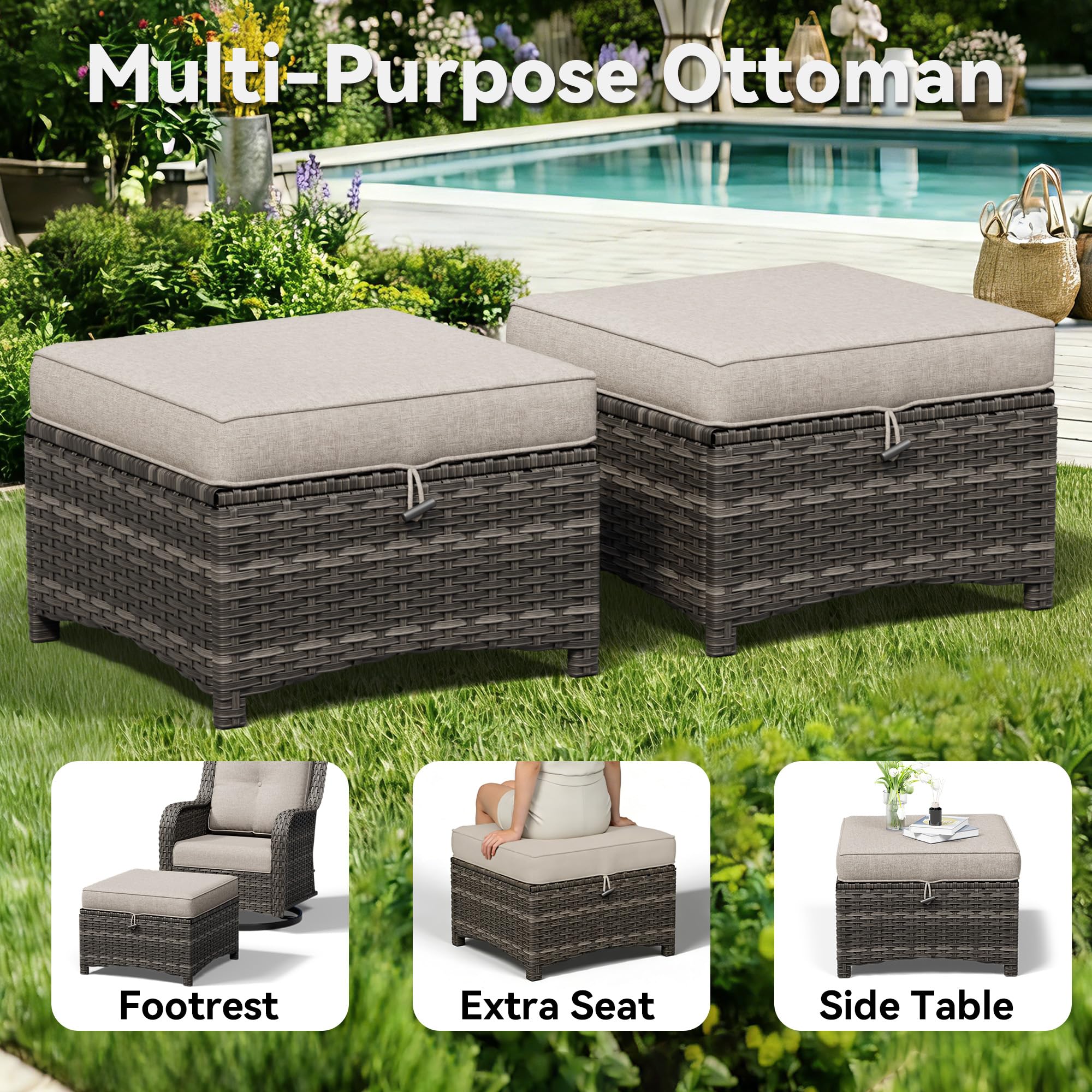 Outdoor Wicker Ottoman Set of 2 with Cushion