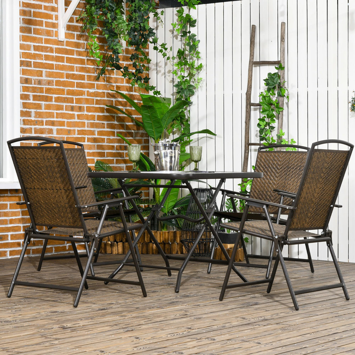 Outsunny 5 Pieces Wicker Patio Dining Set Foldable Dark Brown