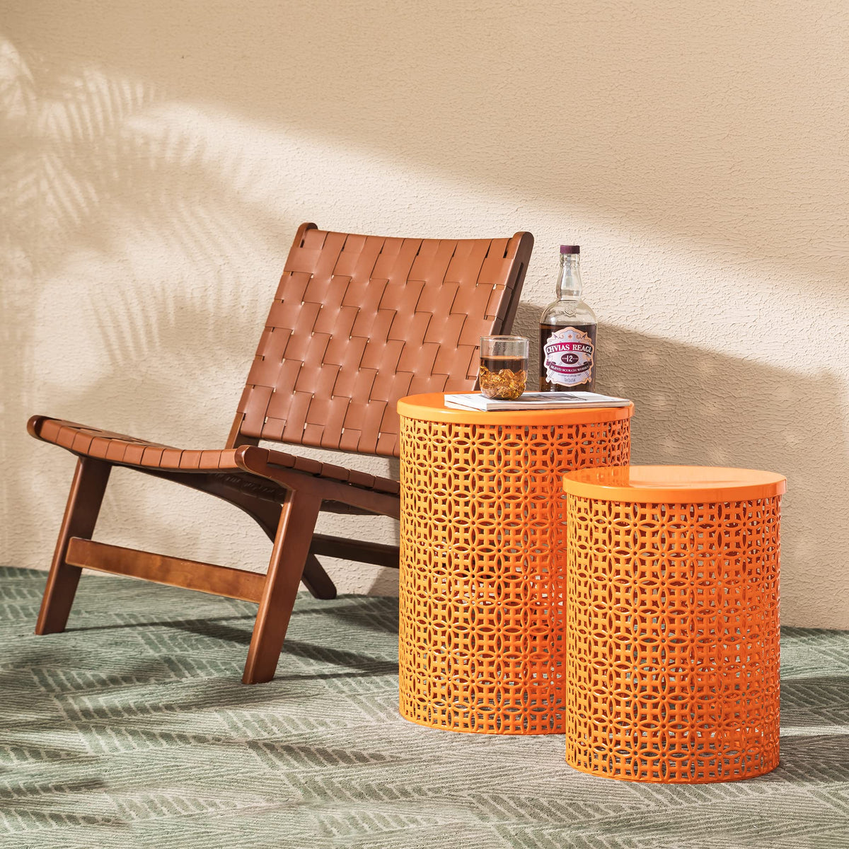 Glitzhome Outdoor Side Table Set of 2, Decorative Garden Stool for Patio Heavy Duty Metal Frame Accent Table Modern End Table, Glossy Orange