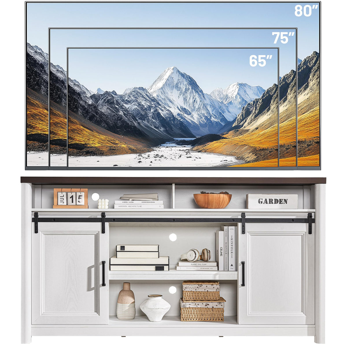Rustic Farmhouse TV Stand for 80 Inch TVs, Large Entertainment Center with Storage, TV Console for Bedroom Living Room, Media Console Cabinet with Sliding Barn Doors, 70 Inch Wide, White & Walnut
