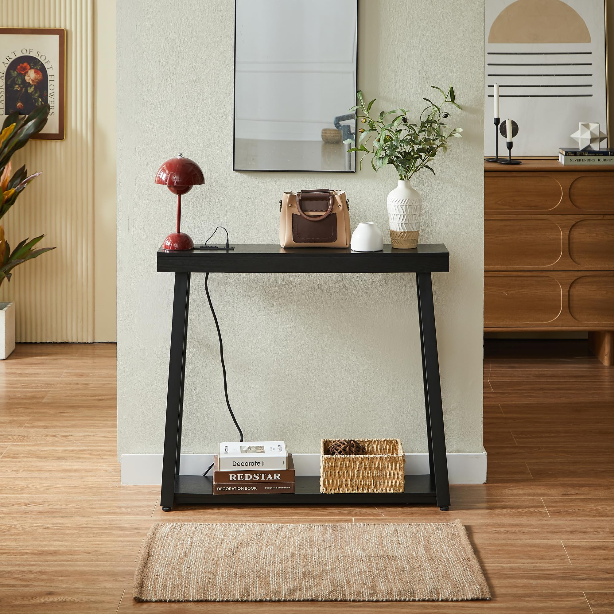 BOYUANH Narrow Small Entryway Console Table with Charging Station, Outlets&Ports, 36 Inch Thin High Tall Sofa Table for Entry Hallway, Living Room, Foyer, Behind Couch, Thick Metal Frame, Black