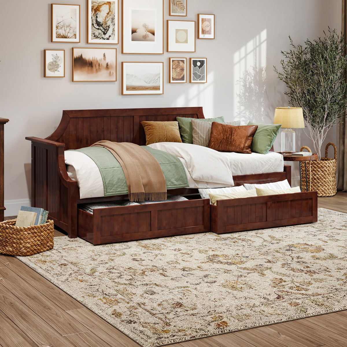 AFI, Cambridge Twin Wood Daybed with 2 Storage Drawers, Walnut